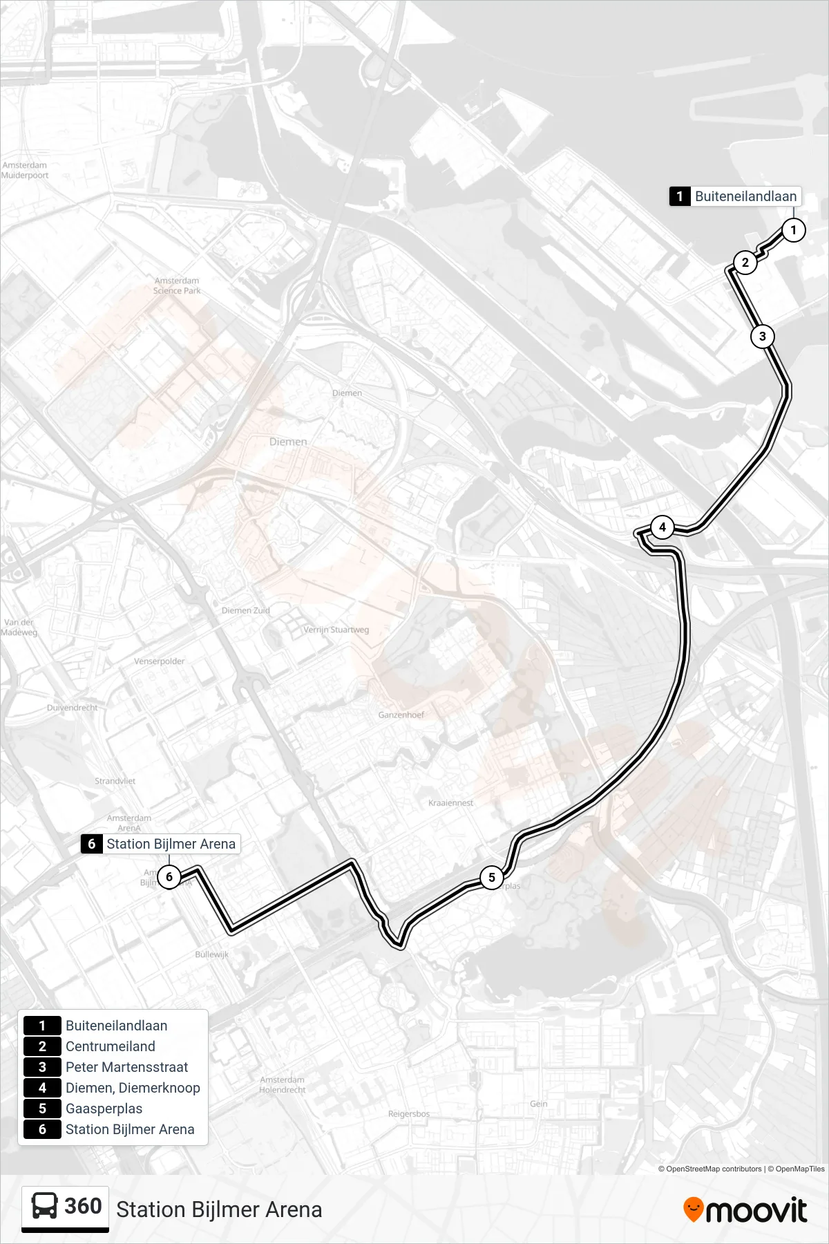 Lijn 360 (bus, Station Bijlmer Arena): route en haltes op de kaart