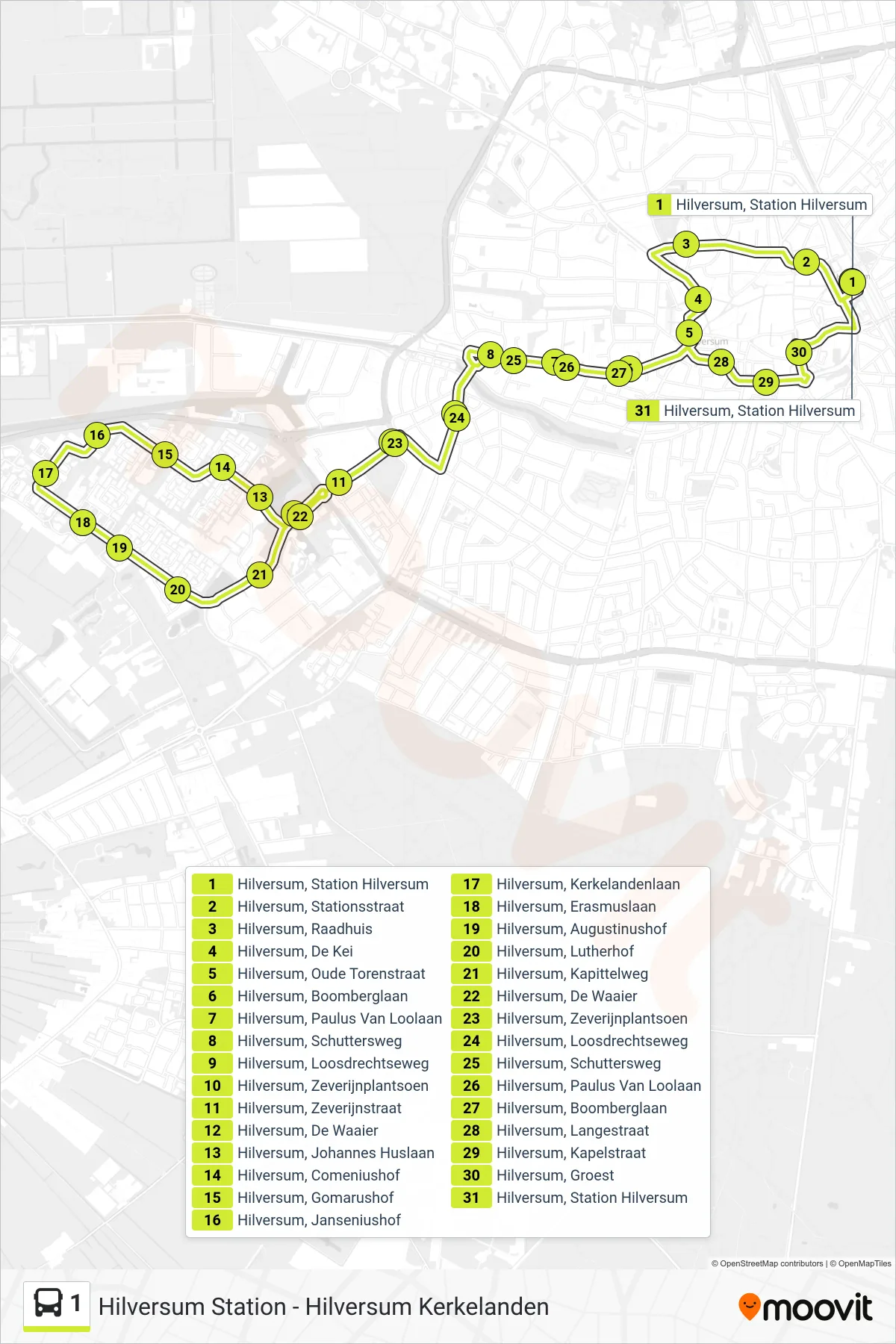 Lijn 1 (bus, Kerkelanden): route en haltes op de kaart