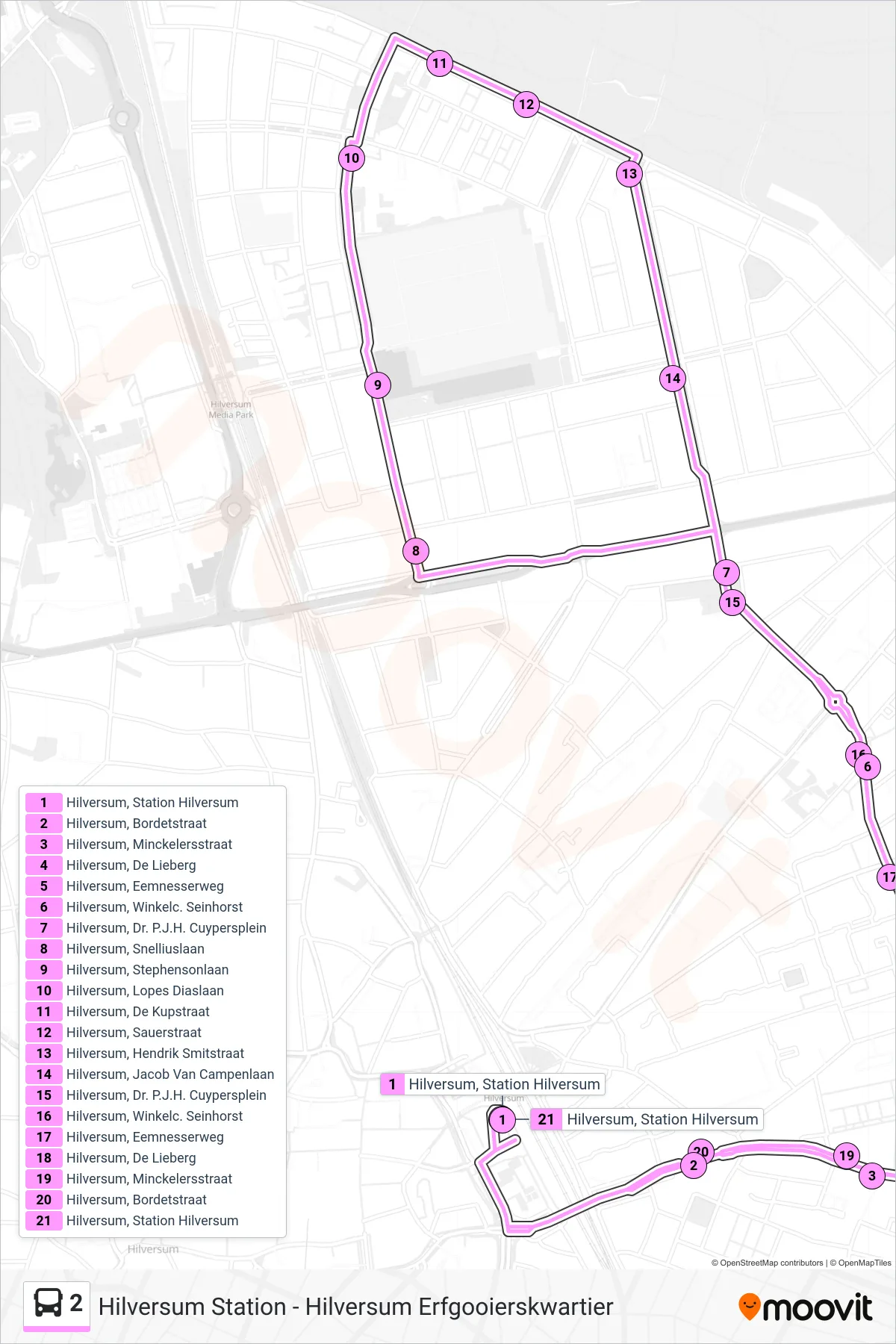 Lijn 2 (bus, Erfgooierskwartier): route en haltes op de kaart