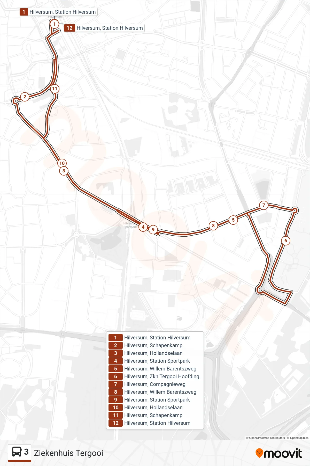 Lijn 3 (bus, Ziekenhuis Tergooi): route en haltes op de kaart