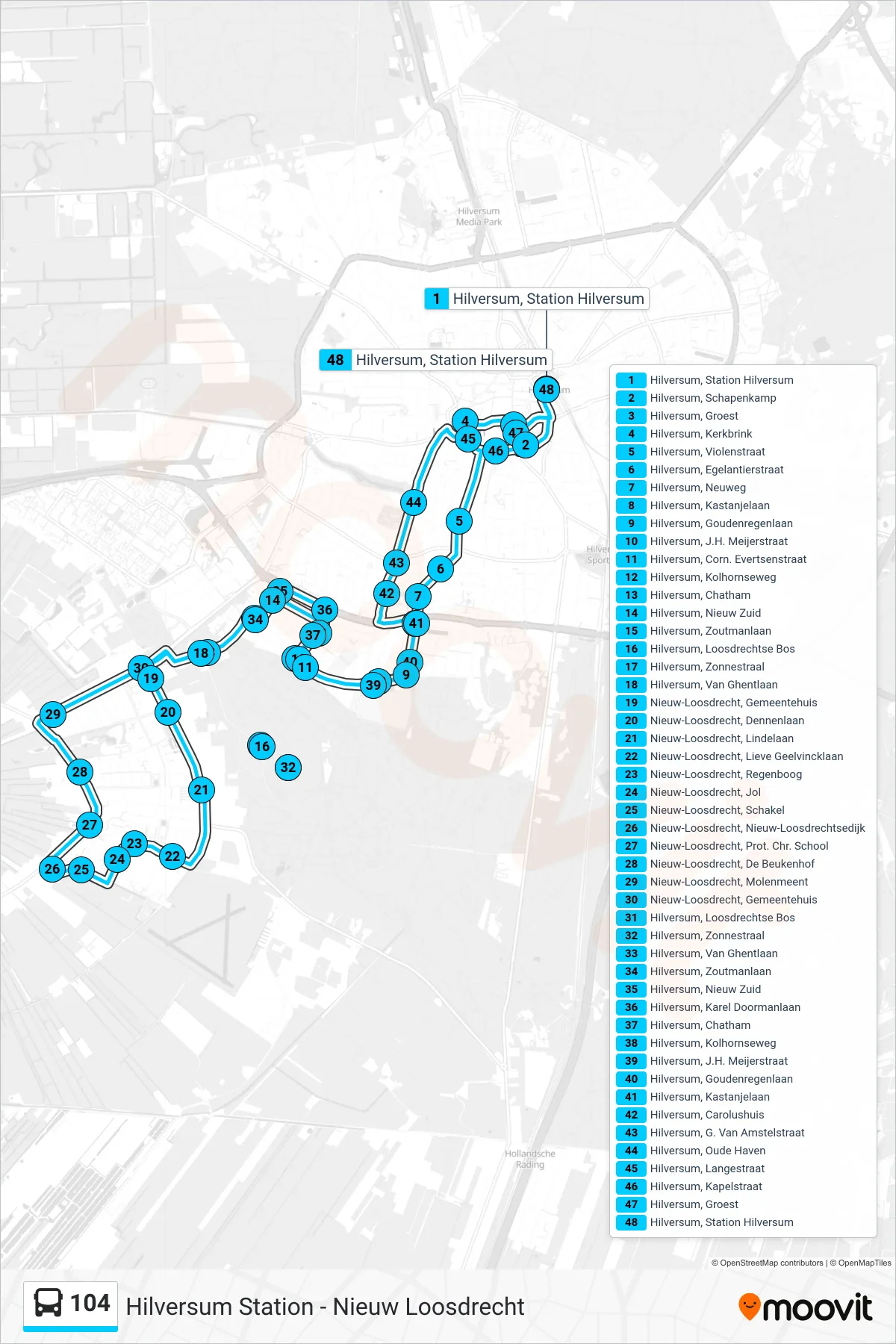 Lijn 104 (bus, Nieuw-Loosdrecht): route en haltes op de kaart