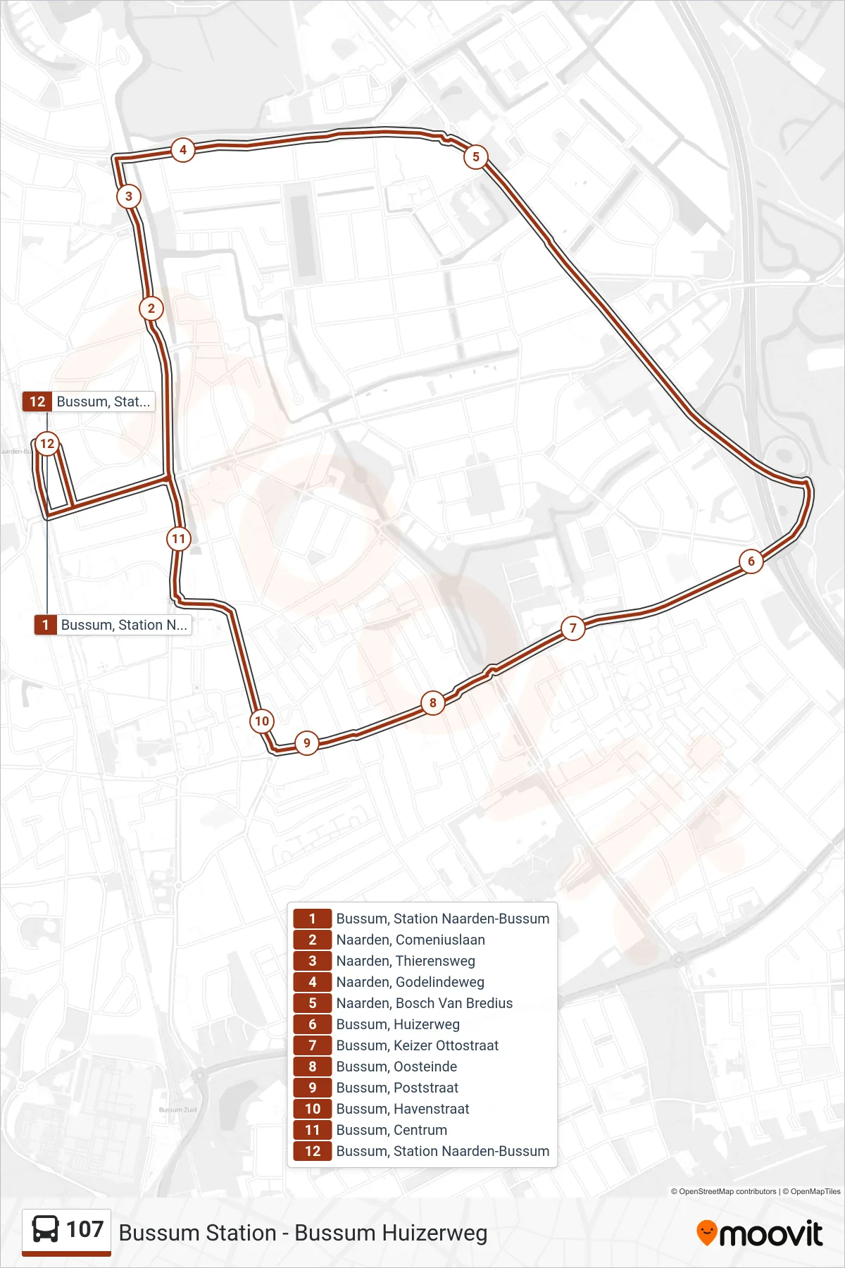 Lijn 107 (bus, Naarden Bosch Van Bredius): route en haltes op de kaart