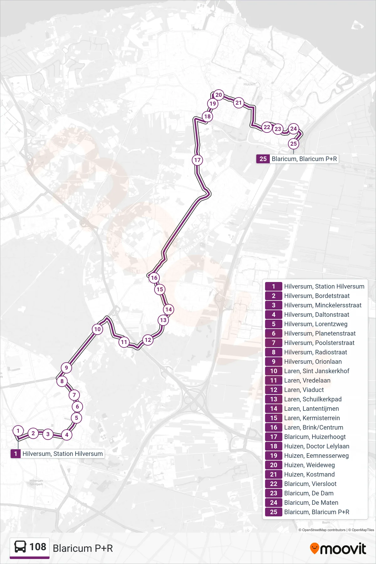 108 bus Line (Blaricum P+R) route and stops on a map