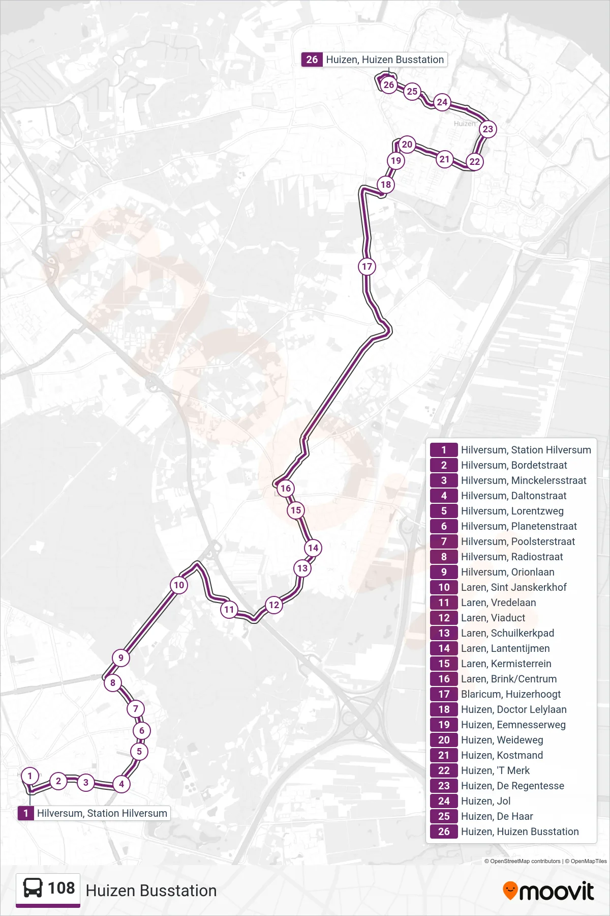 Lijn 108 (bus, Huizen Busstation): route en haltes op de kaart