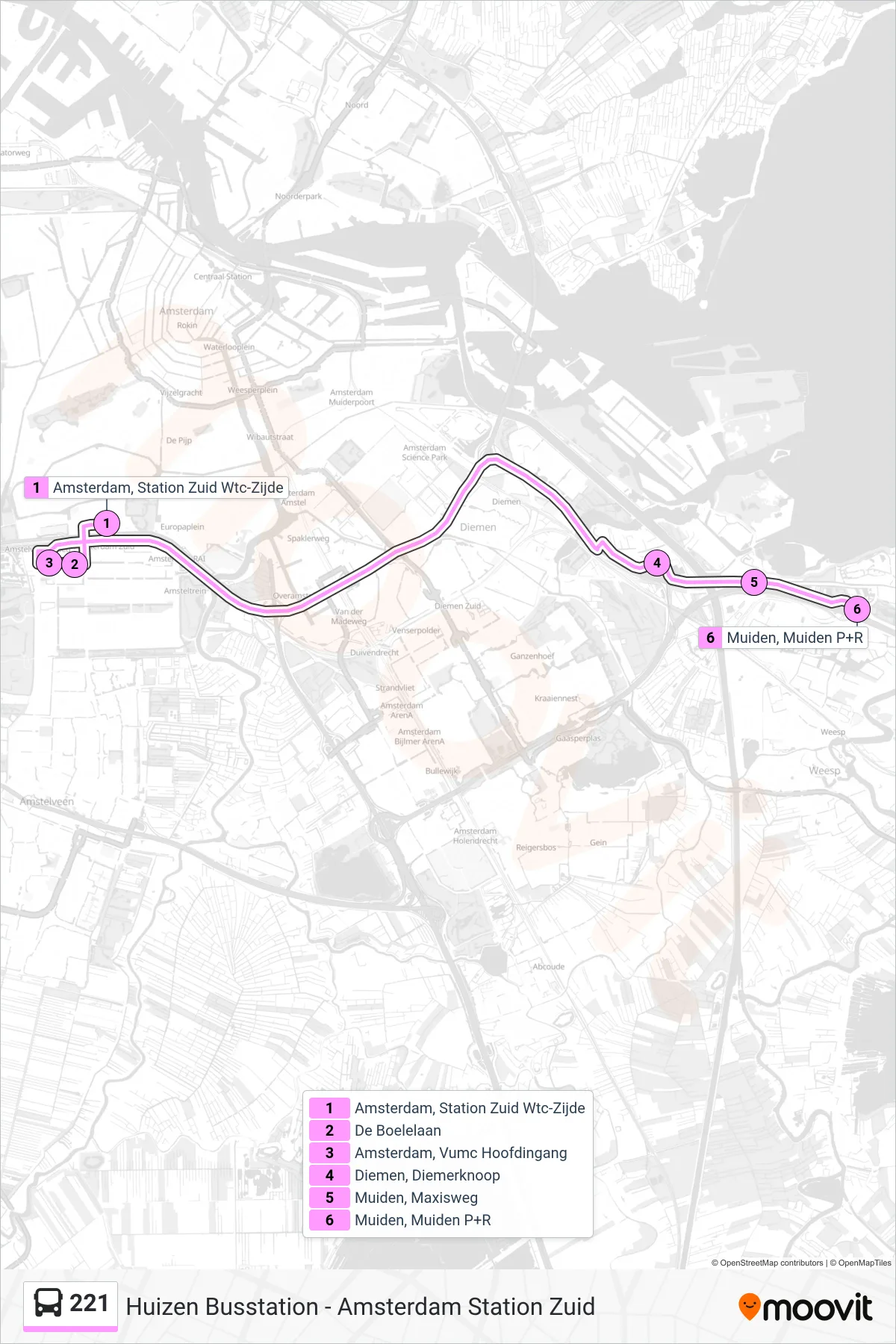 Lijn 221 (bus, Muiden Muiden P+R): route en haltes op de kaart