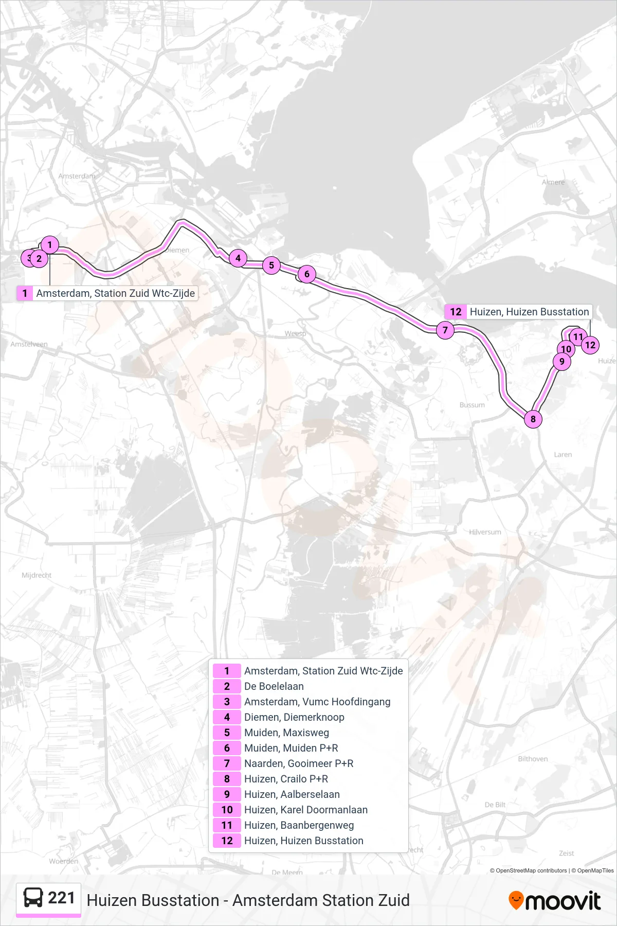 221 bus Line (Huizen Busstation) route and stops on a map