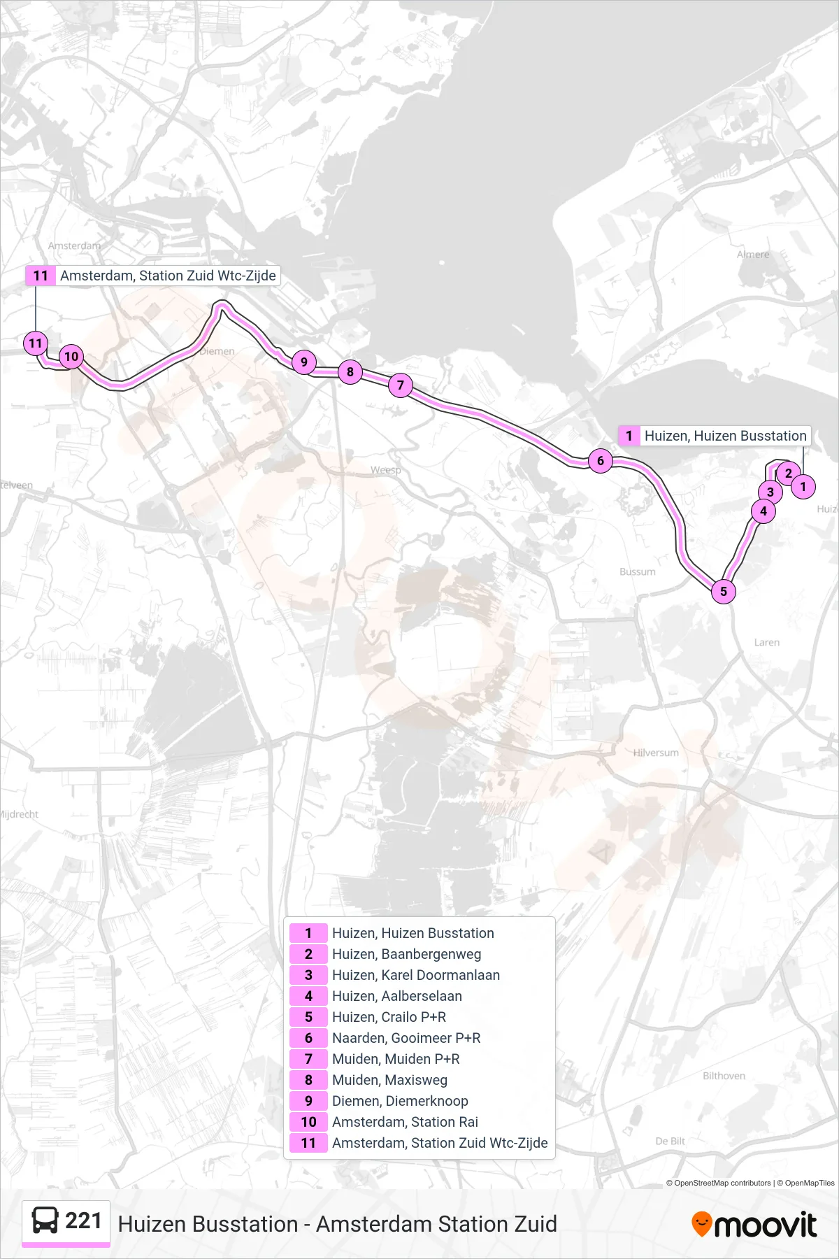 221 bus Line (Amsterdam Station Zuid) route and stops on a map