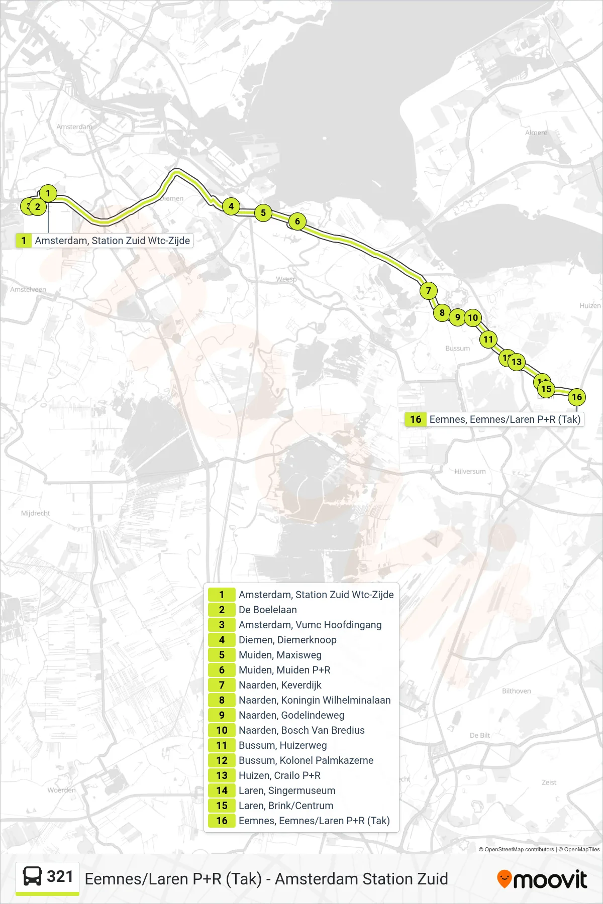 321 bus Line (Eemnes/Laren P+R) route and stops on a map