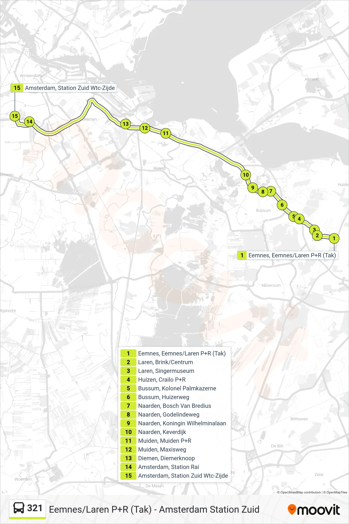 Lijn 321 (bus, Amsterdam Station Zuid): route en haltes op de kaart