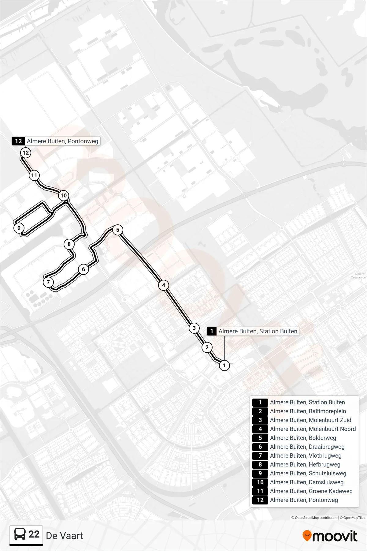 Lijn 22 (bus, De Vaart): route en haltes op de kaart
