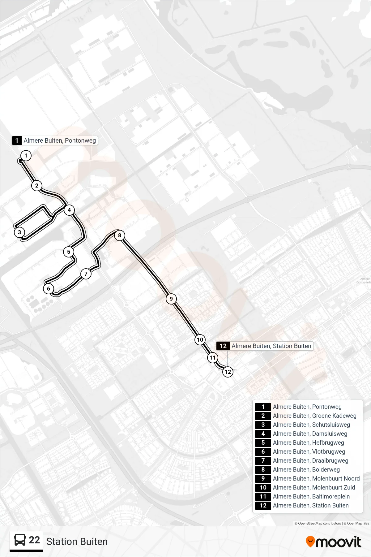 22 bus Line (Station Buiten) route and stops on a map