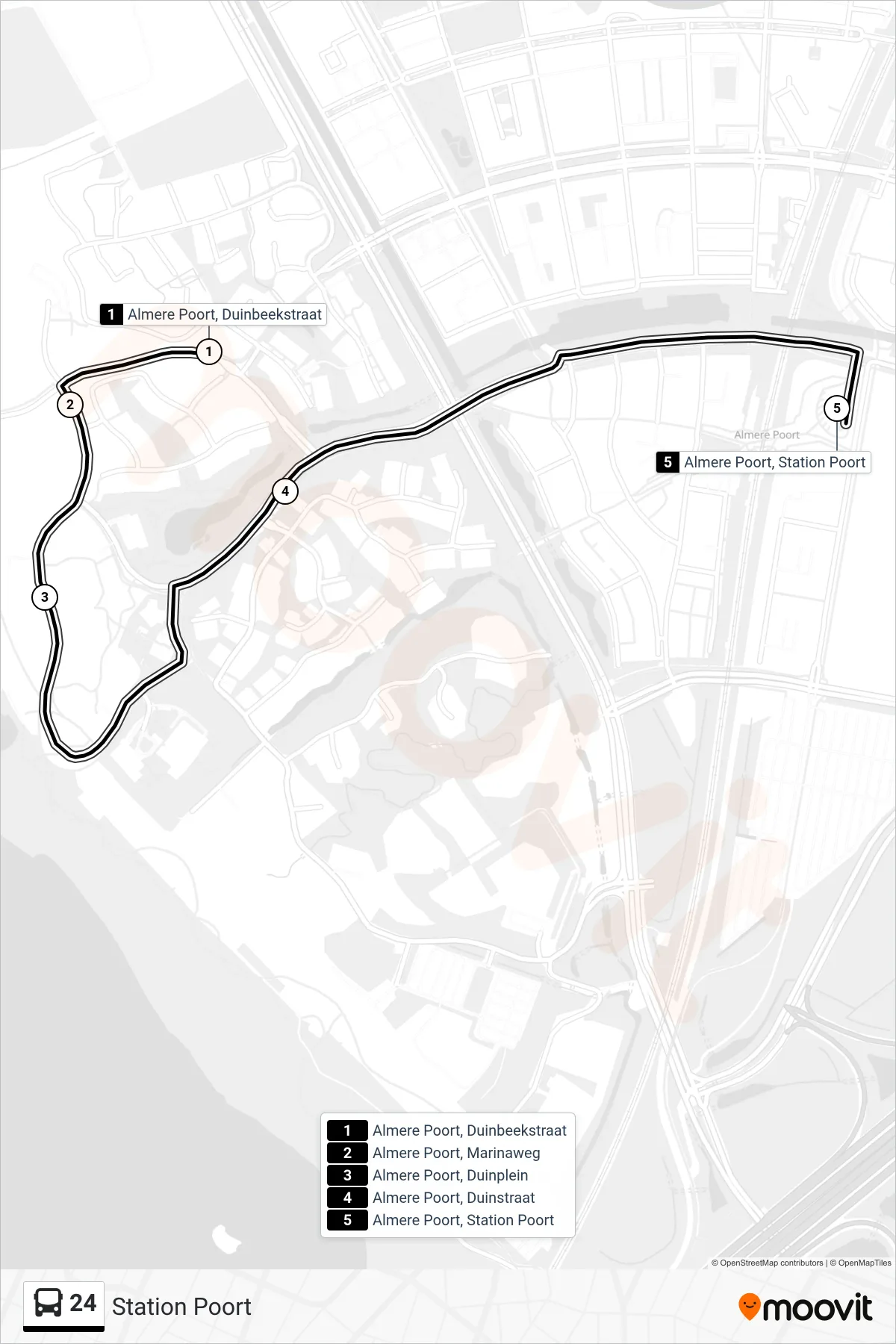 24 bus Line (Station Poort) route and stops on a map