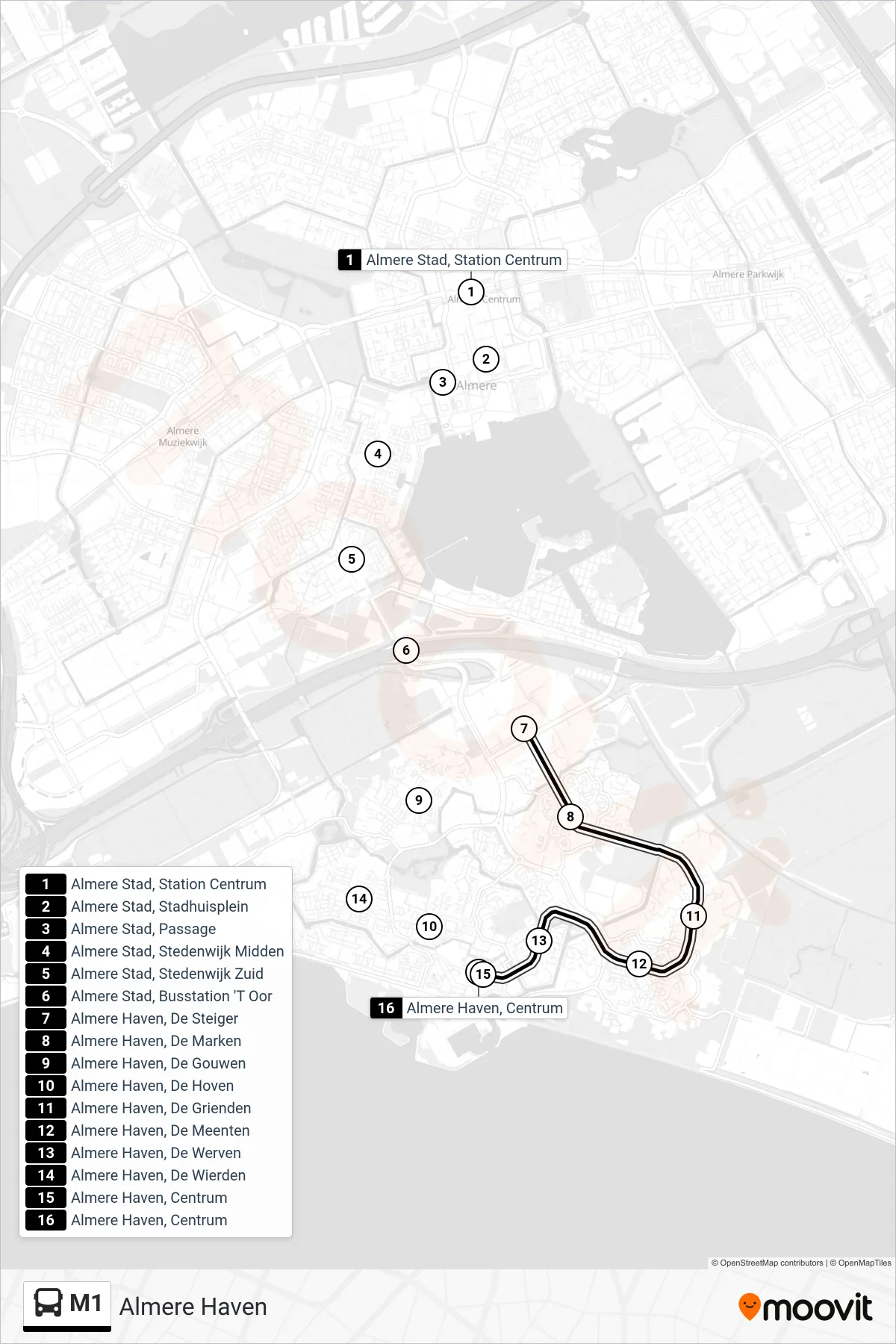 M1 bus Line (Almere Haven) route and stops on a map