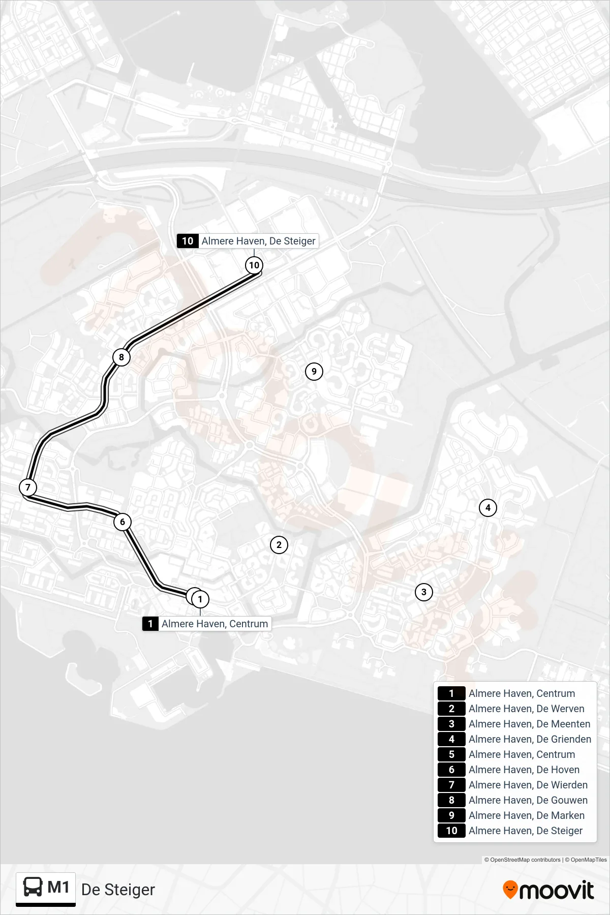 M1 bus Line (De Steiger) route and stops on a map