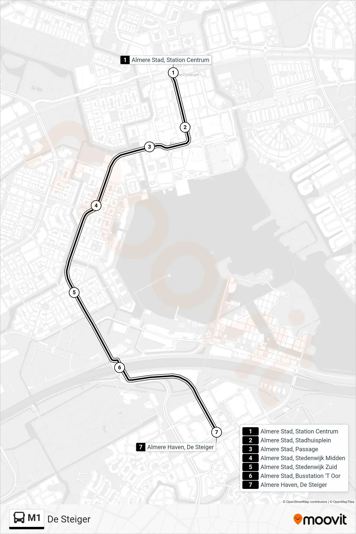 Lijn M1 (bus, De Steiger): route en haltes op de kaart