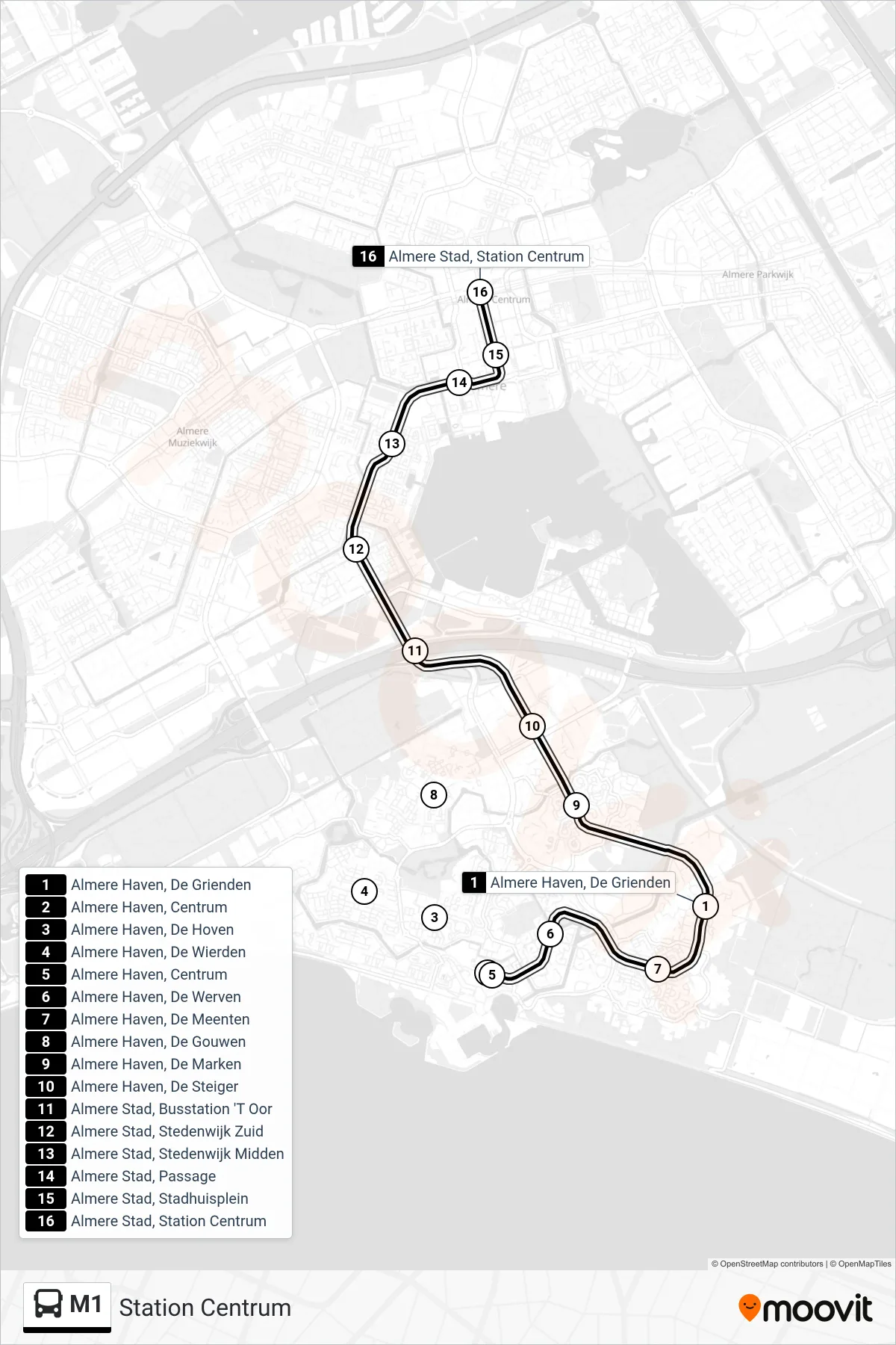 M1 bus Line (Station Centrum) route and stops on a map