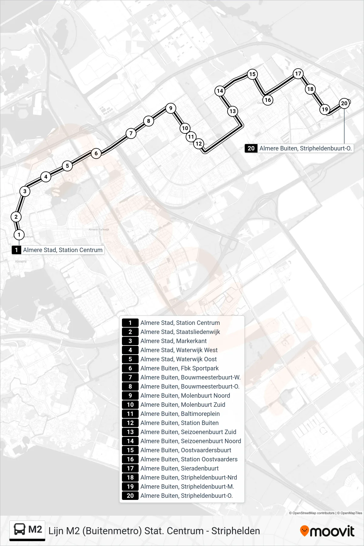 Lijn M2 (bus, Striphelden): route en haltes op de kaart