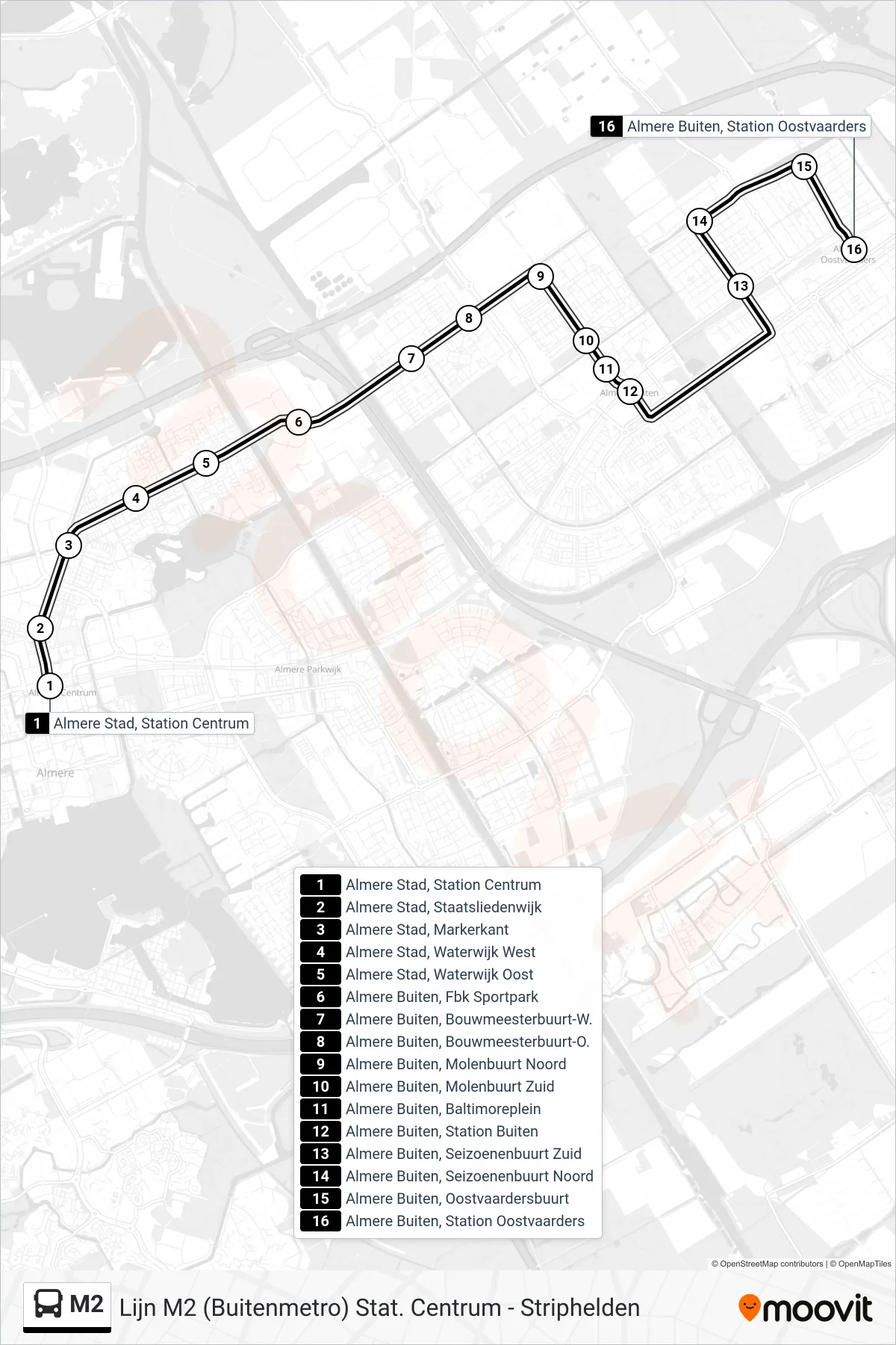 Lijn M2 (bus, Oostvaarders): route en haltes op de kaart