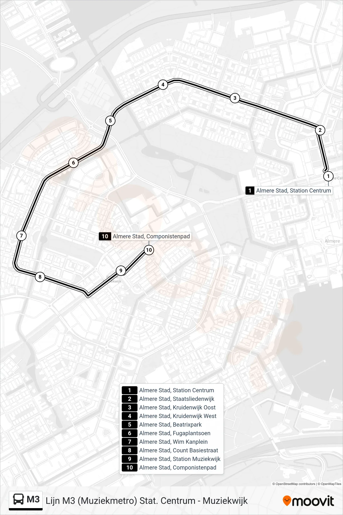 Lijn M3 (bus, Muziekwijk): route en haltes op de kaart