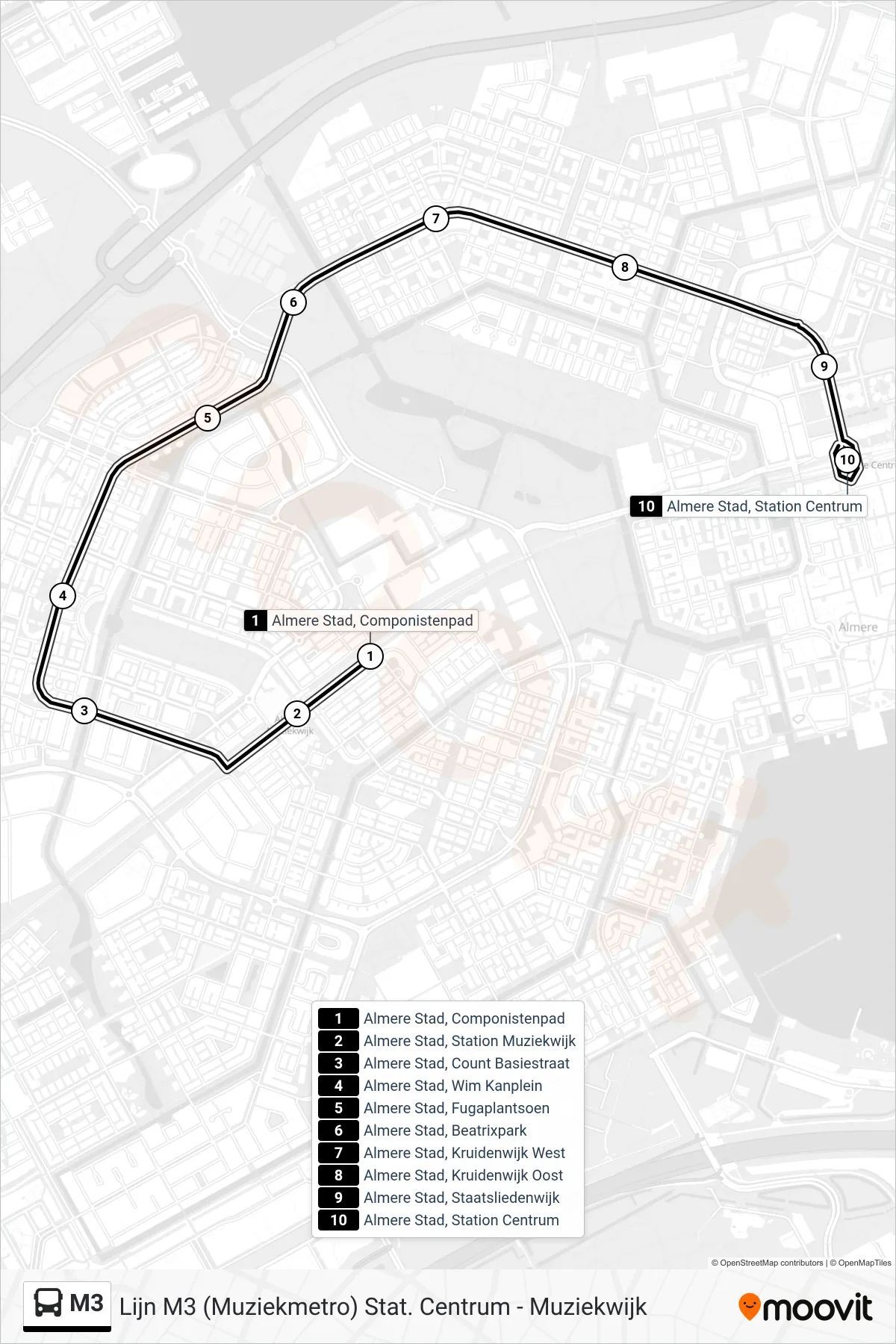 M3 bus Line (Station Centrum) route and stops on a map