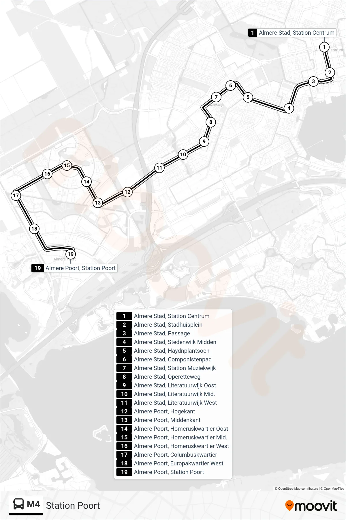 Lijn M4 (bus, Station Poort): route en haltes op de kaart