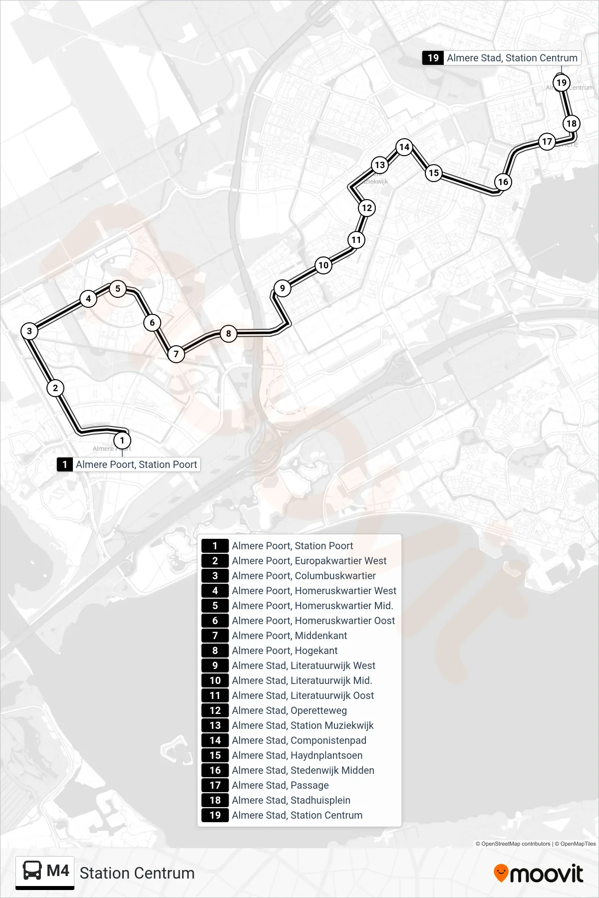 Lijn M4 (bus, Station Centrum): route en haltes op de kaart