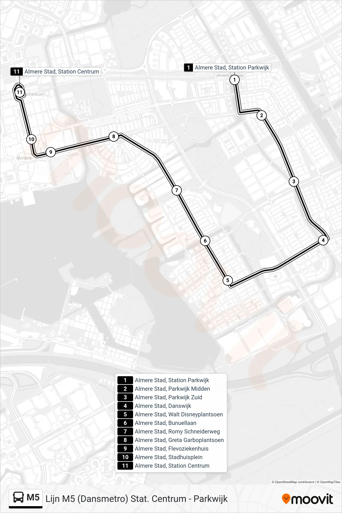 Lijn M5 (bus, Station Centrum): route en haltes op de kaart