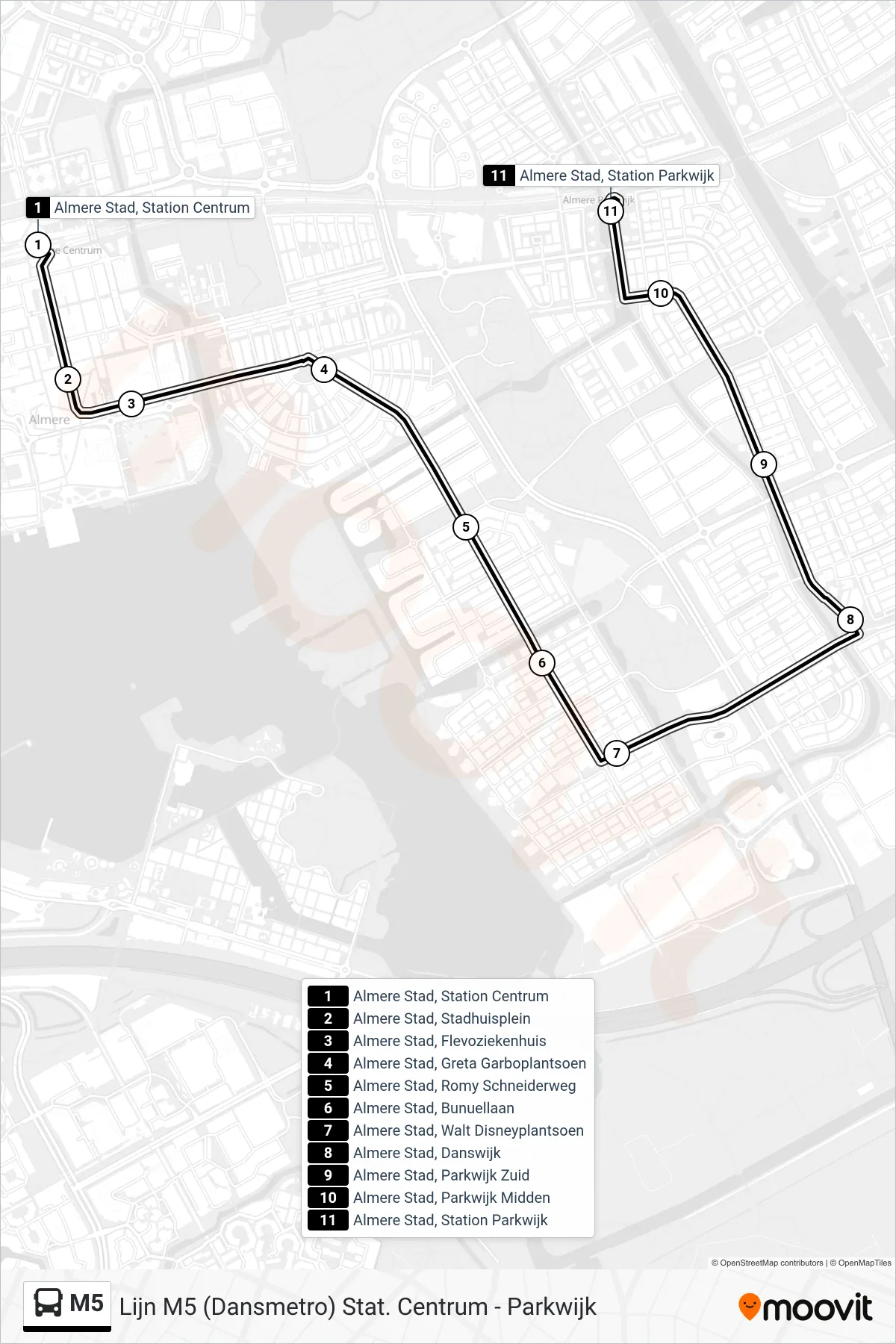 M5 bus Line (Station Parkwijk) route and stops on a map