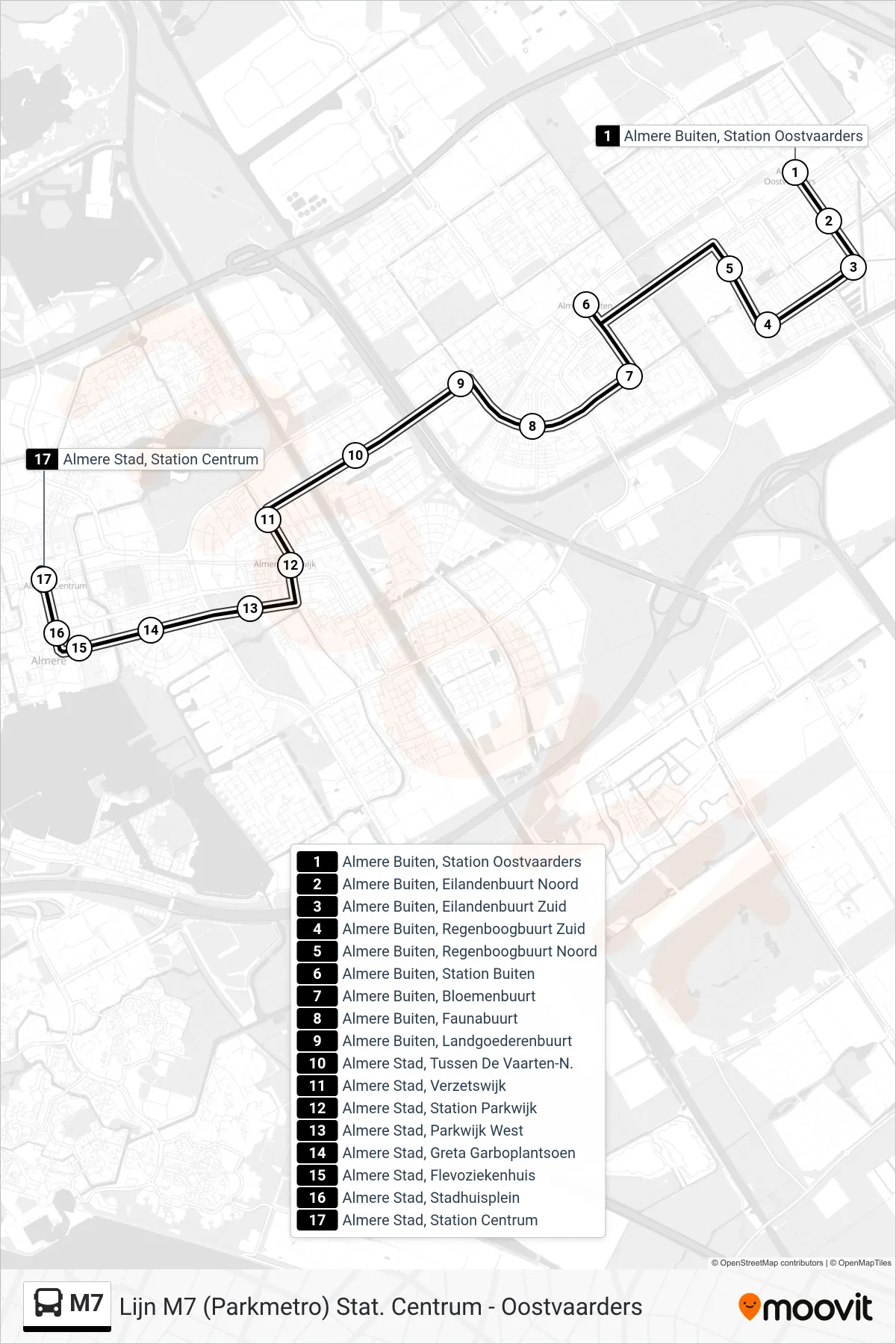 M7 bus Line (Station Centrum) route and stops on a map
