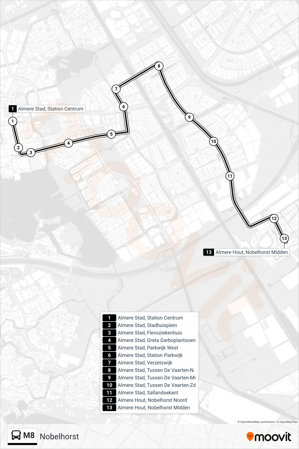 Lijn M8 (bus, Nobelhorst): route en haltes op de kaart