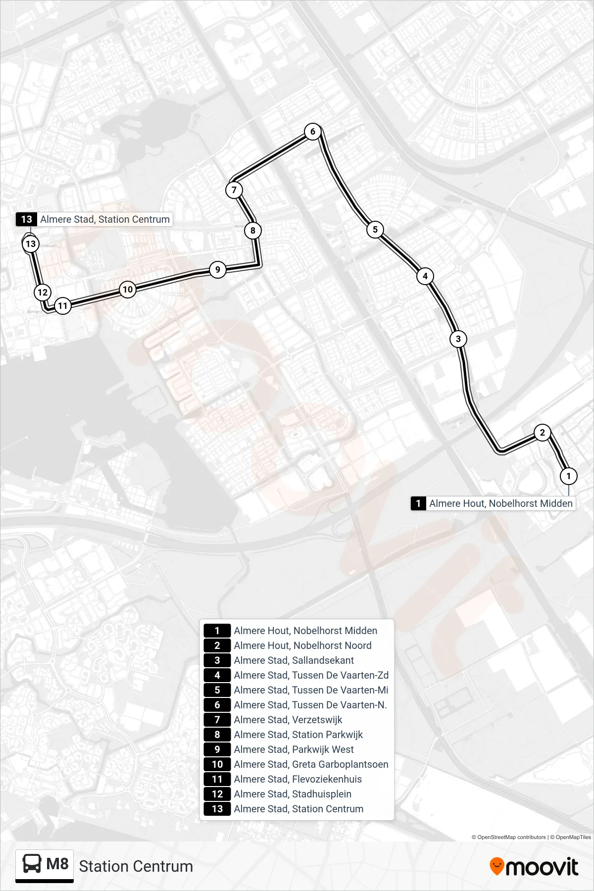 Lijn M8 (bus, Station Centrum): route en haltes op de kaart