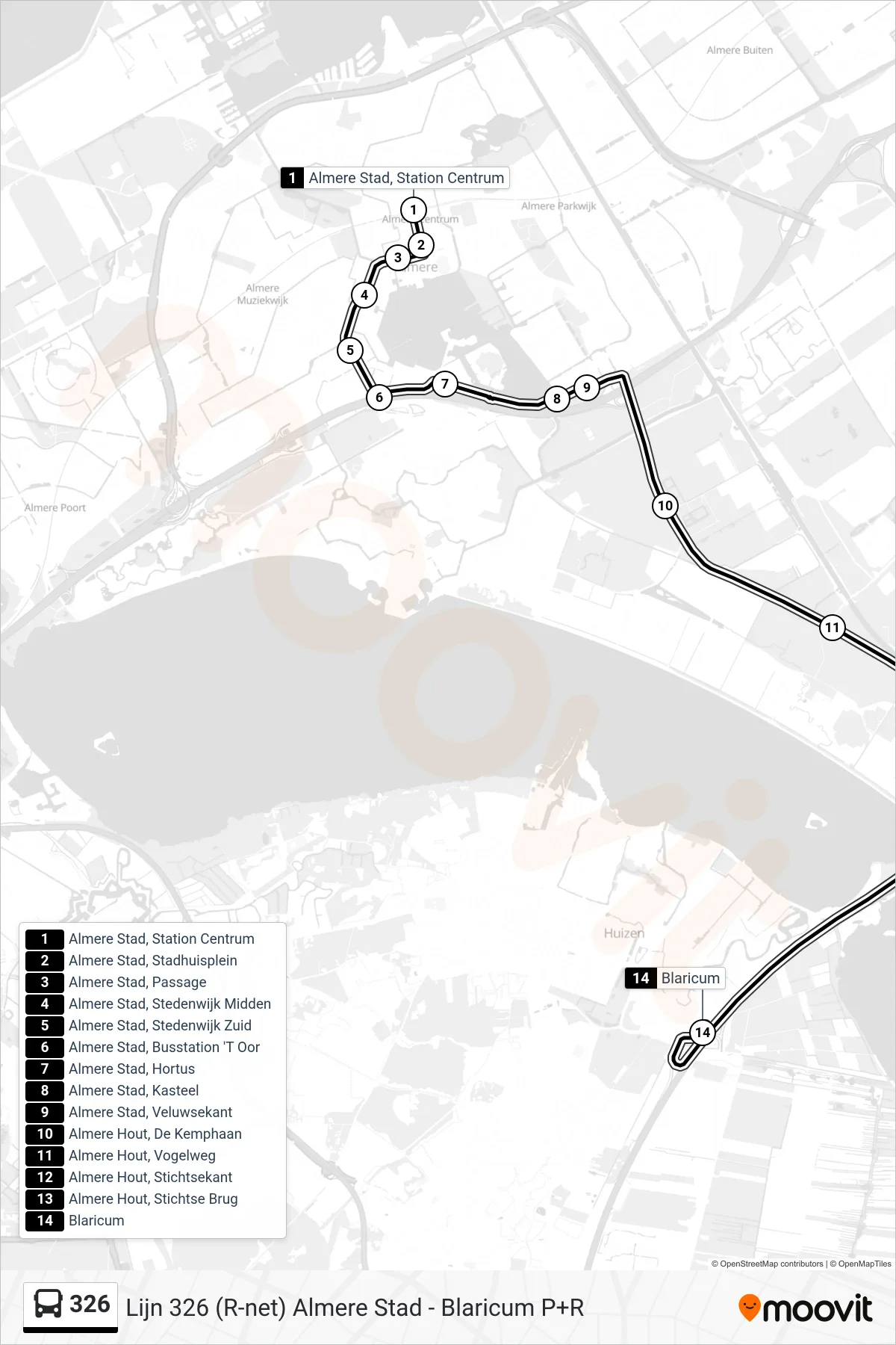 Lijn 326 (bus, Blaricum): route en haltes op de kaart