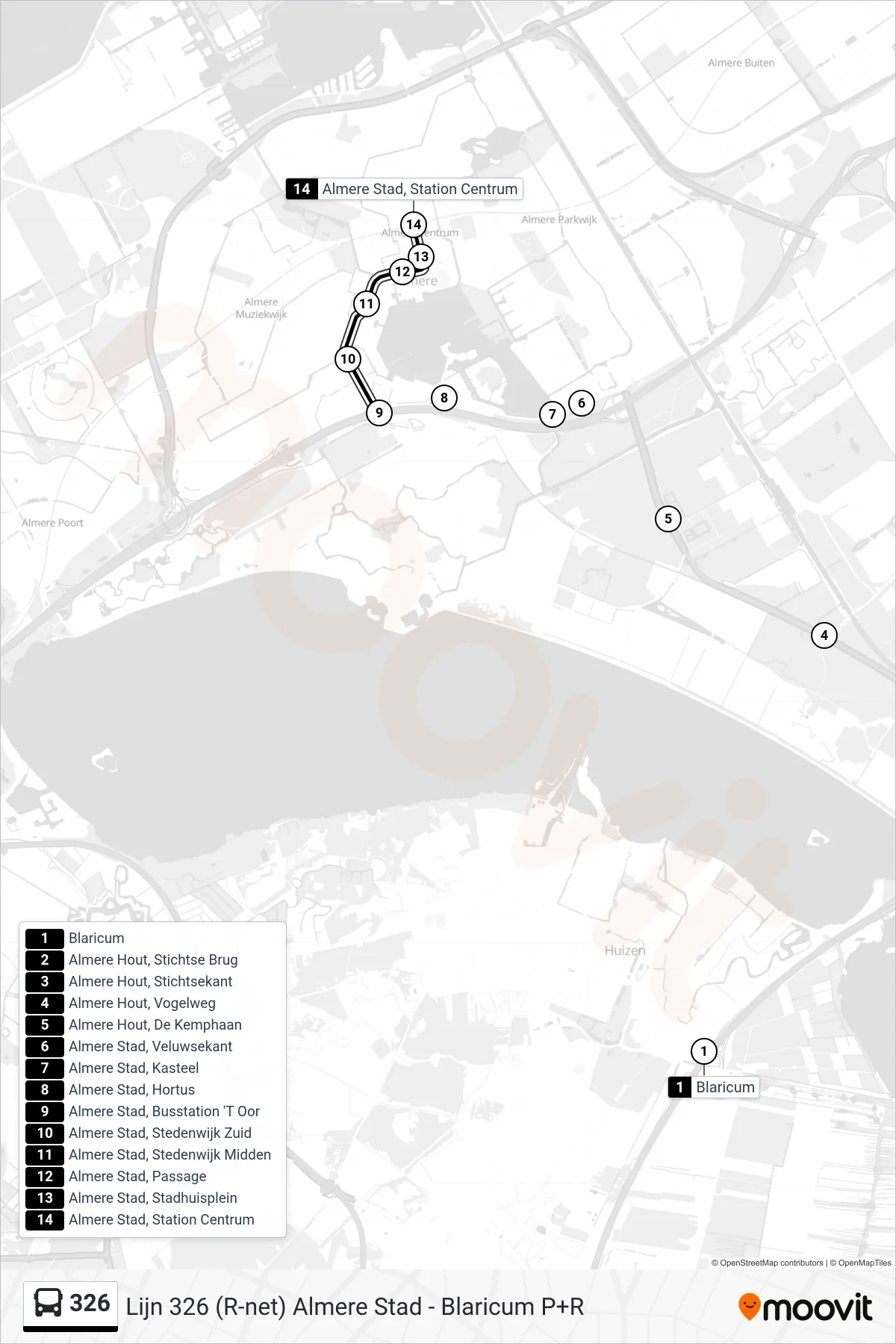 Lijn 326 (bus, Almere Stad): route en haltes op de kaart