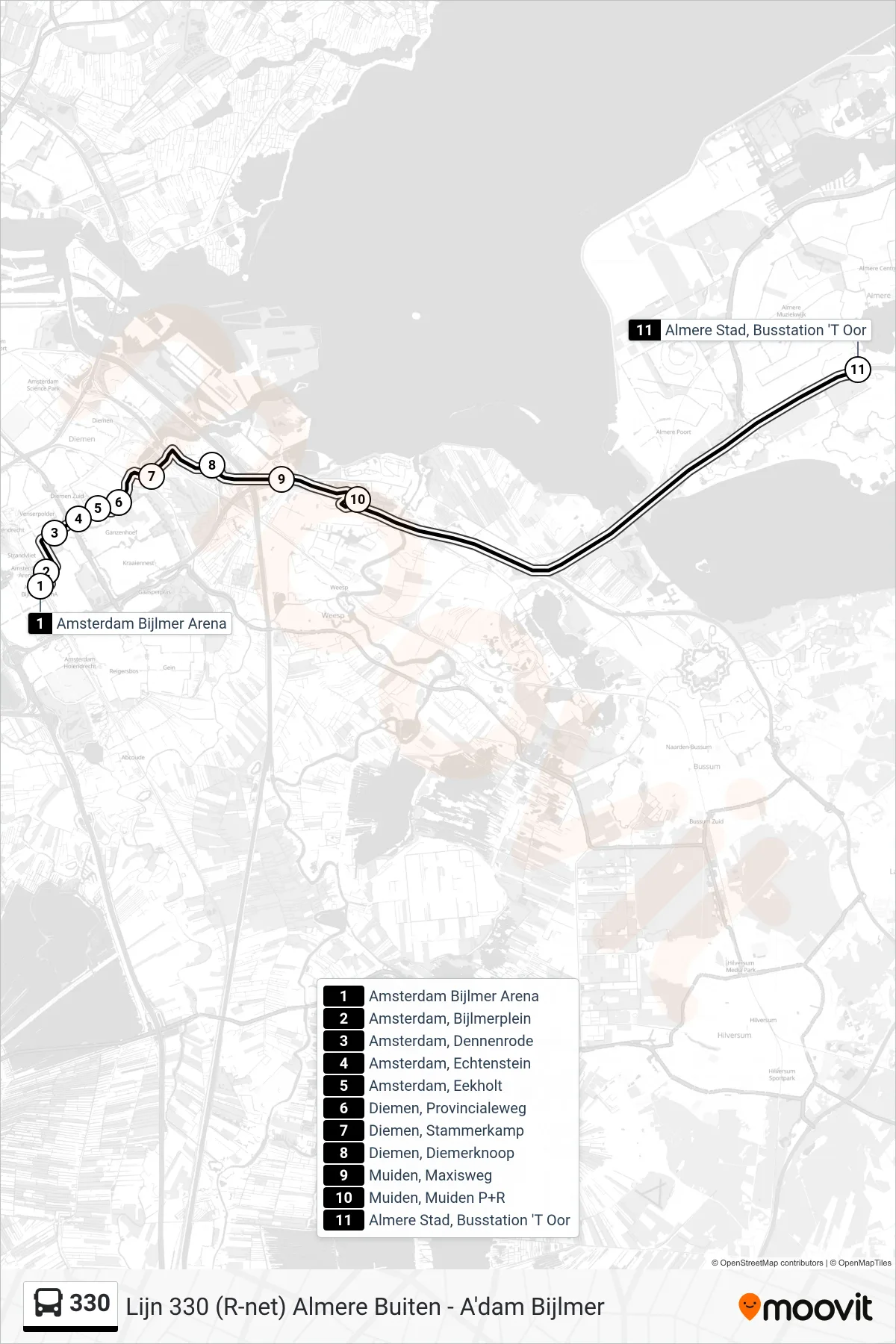 Lijn 330 (bus, Almere 'T Oor): route en haltes op de kaart