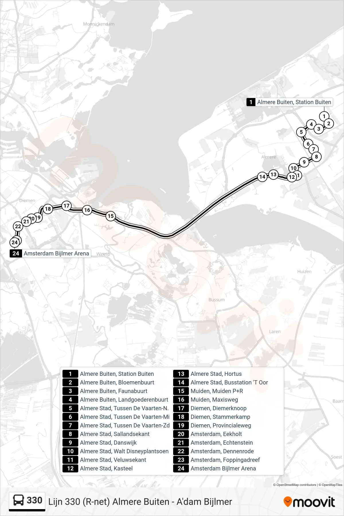 330 bus Line (Amsterdam Bijlmer) route and stops on a map