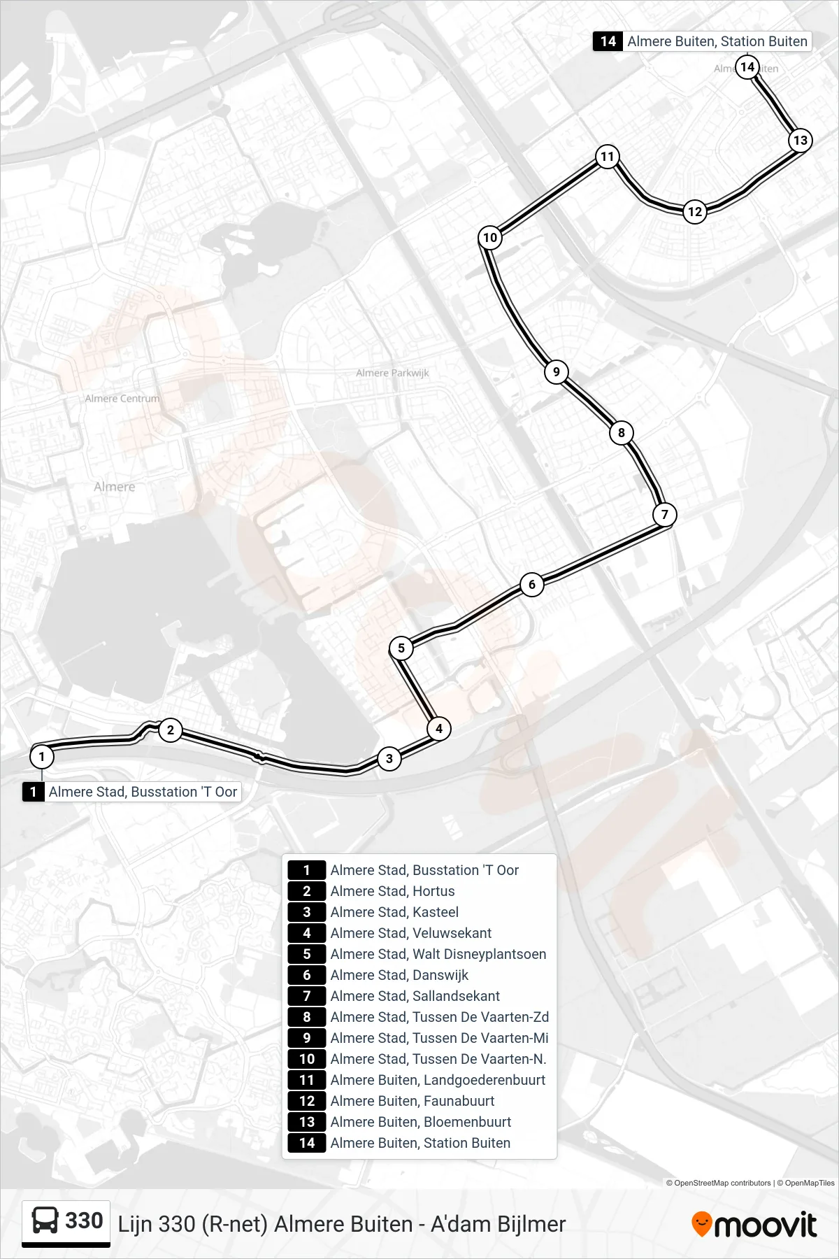 330 bus Line (Station Buiten) route and stops on a map