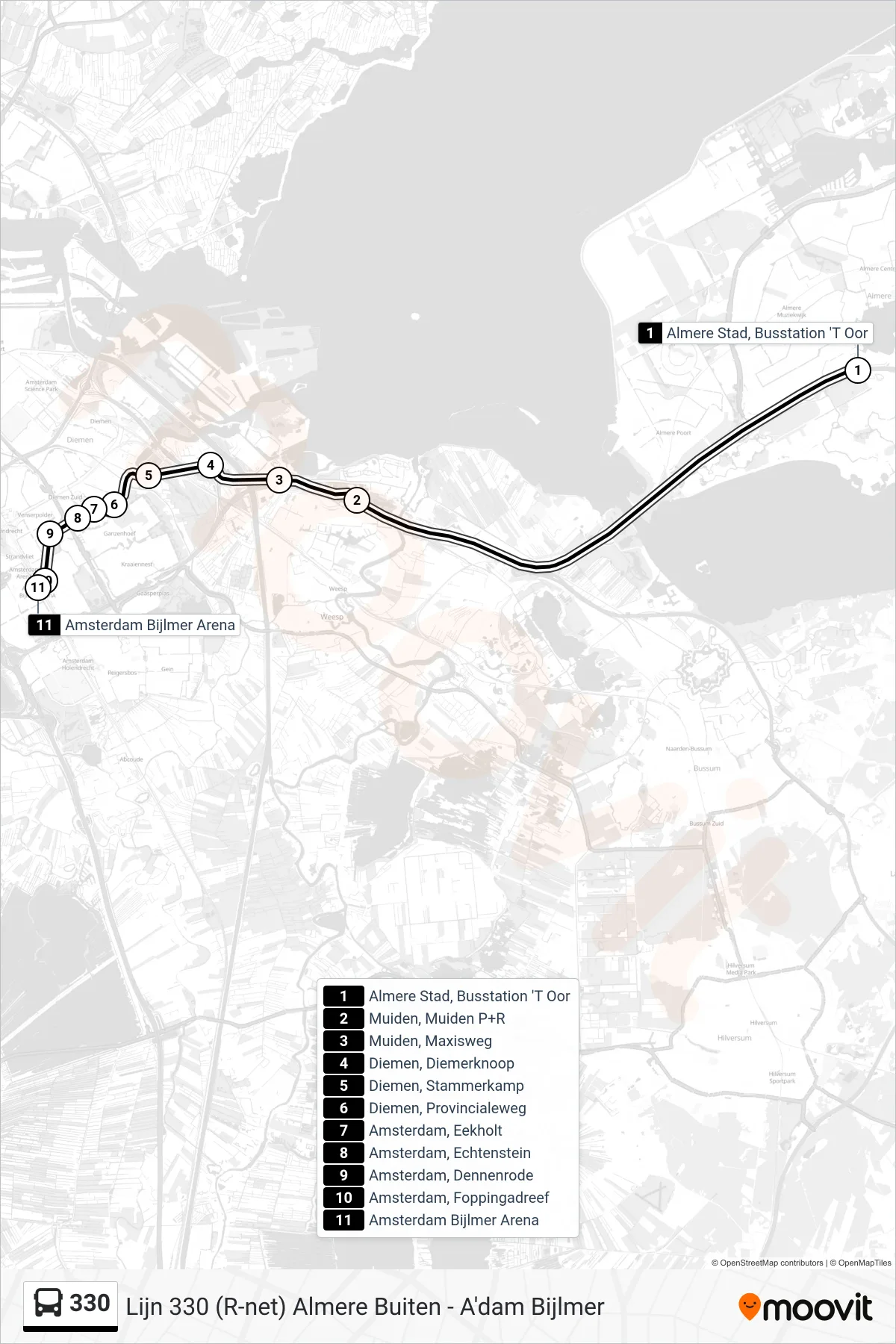 Lijn 330 (bus, Amsterdam): route en haltes op de kaart