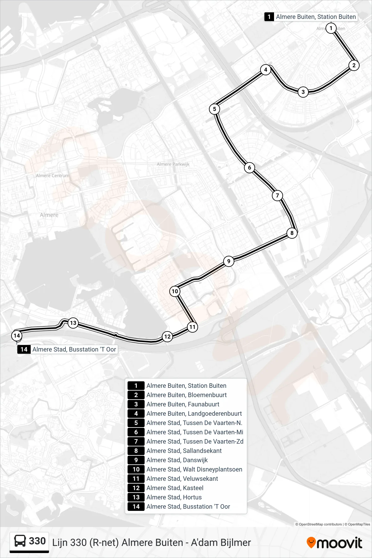 Lijn 330 (bus, Busstation 'T Oor): route en haltes op de kaart