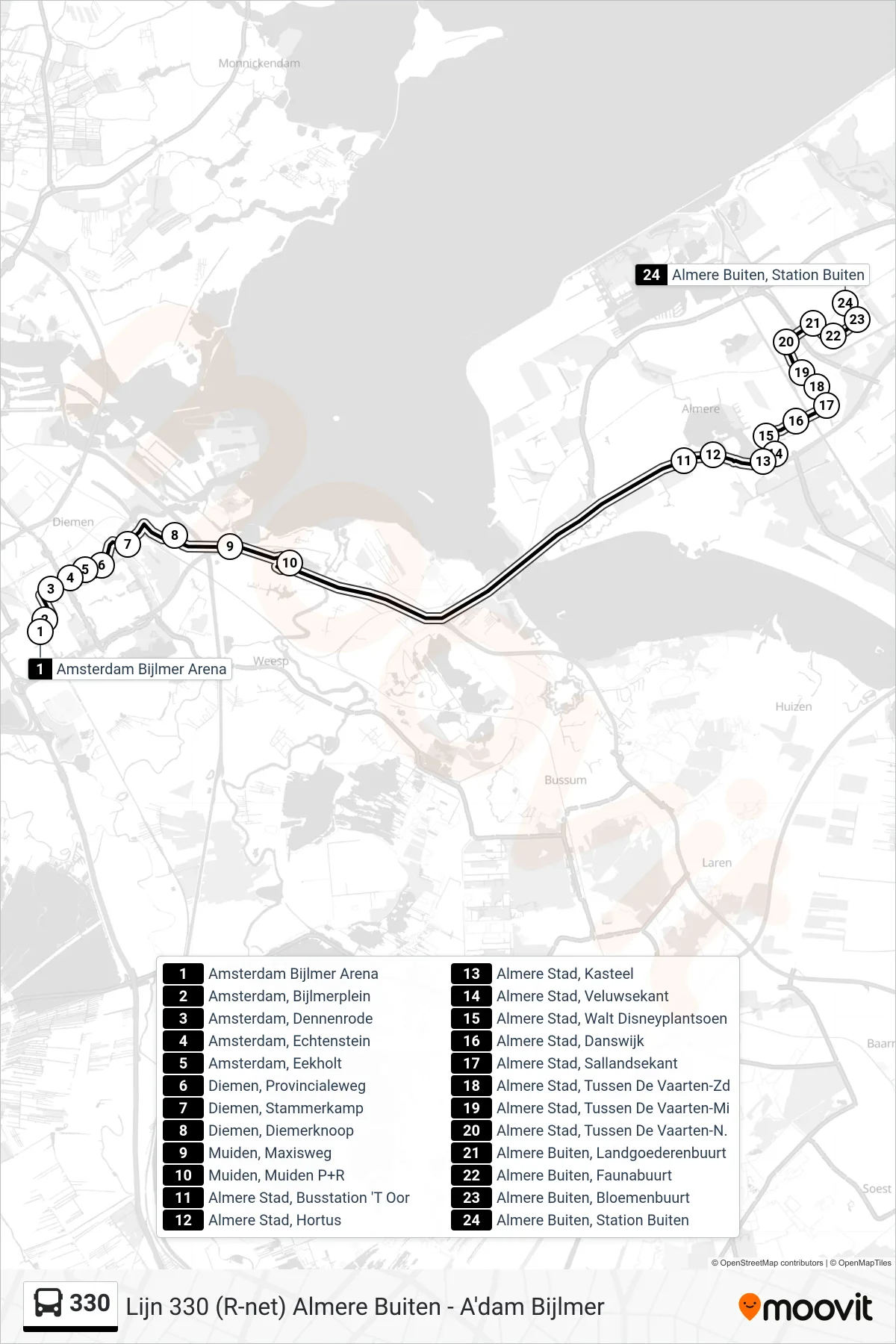 330 bus Line (Almere Buiten) route and stops on a map