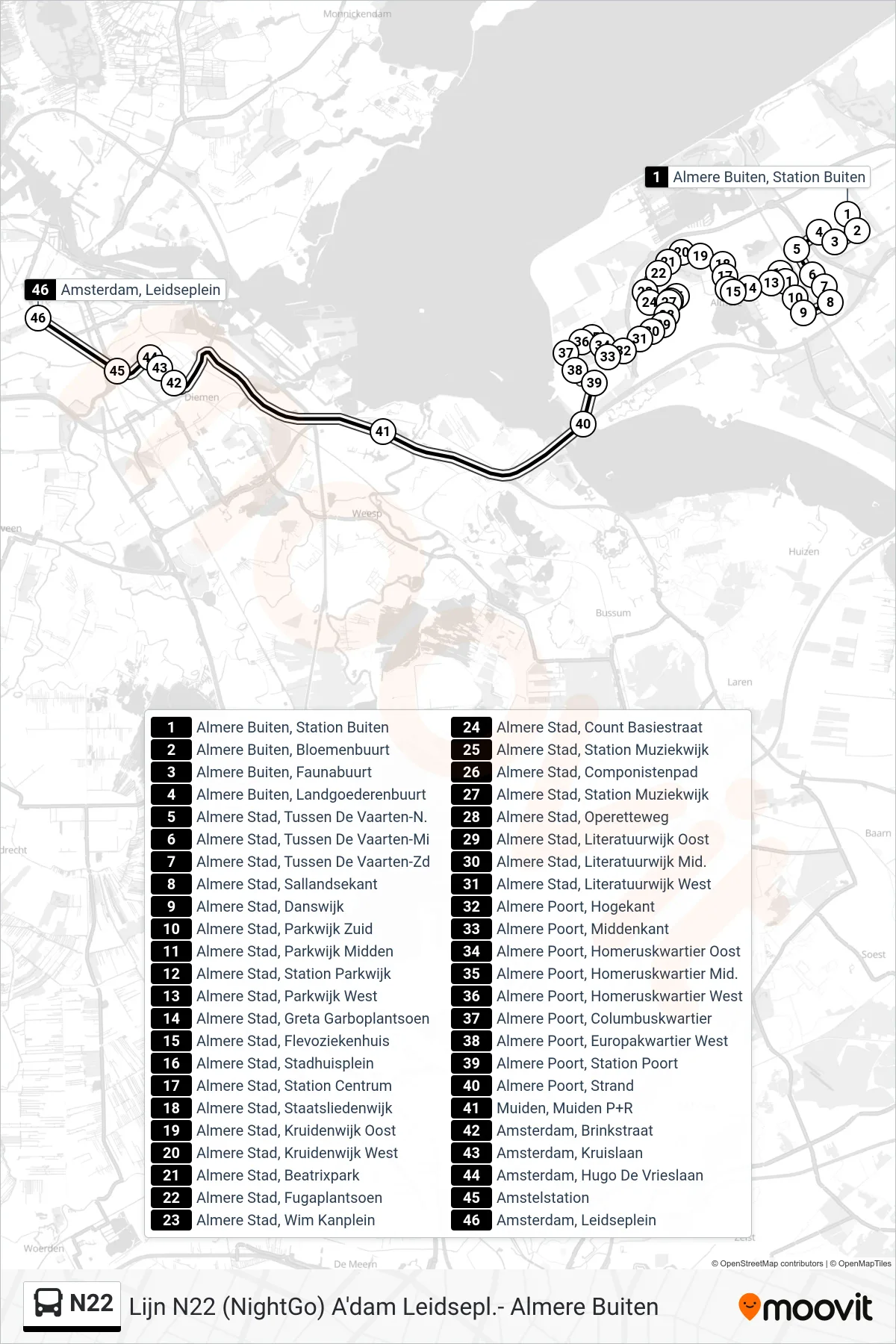 Lijn N22 (bus, Amsterdam Leidseplein): route en haltes op de kaart