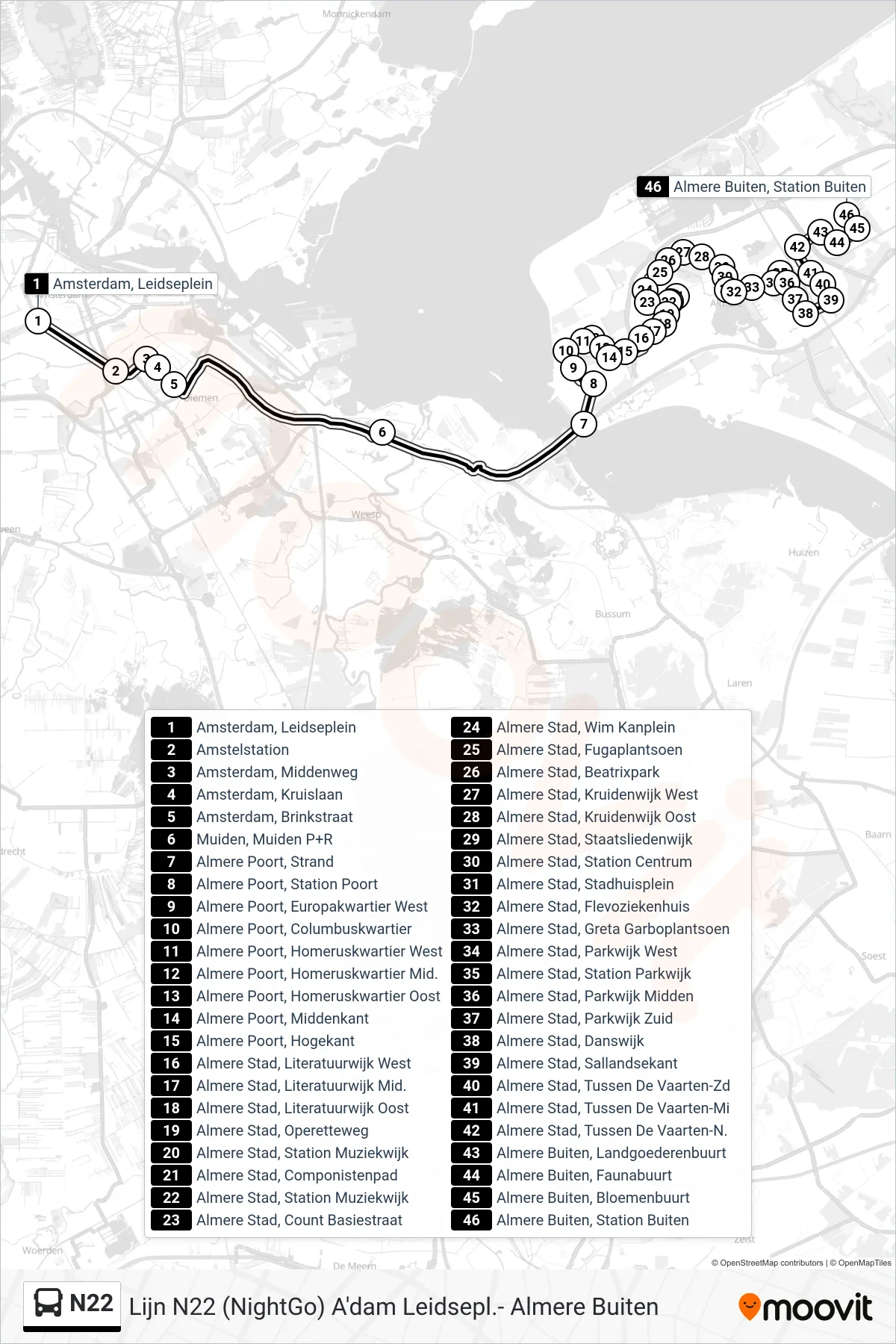 N22 bus Line (Almere Buiten) route and stops on a map