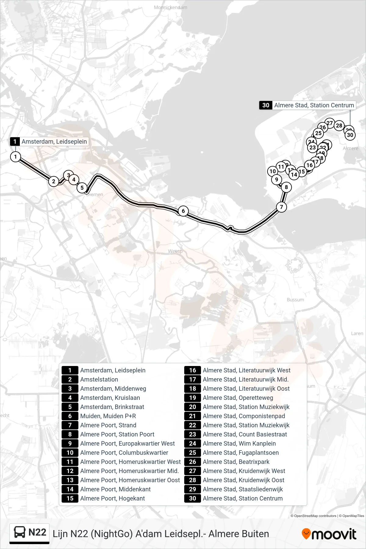 N22 bus Line (Almere Centrum) route and stops on a map