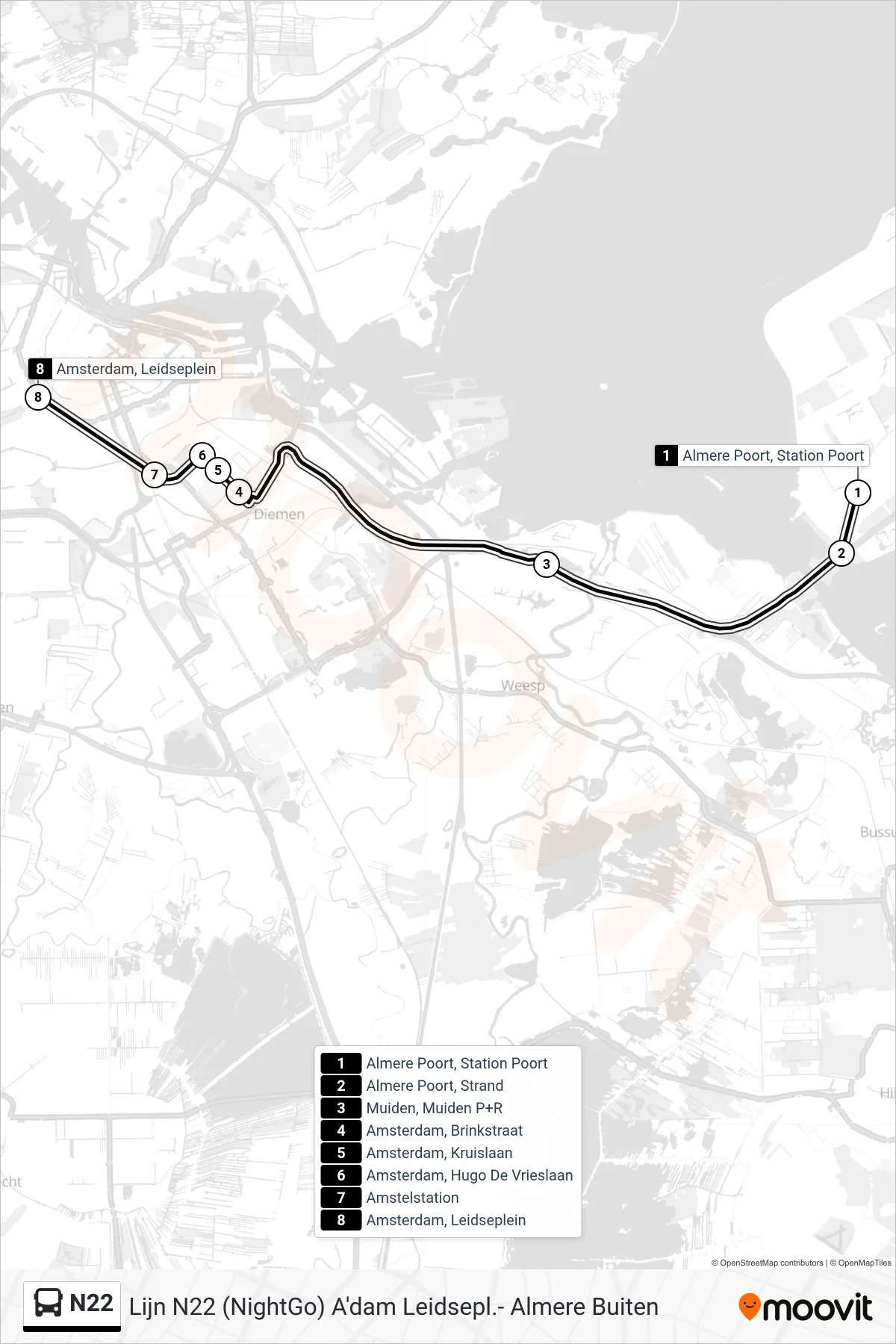 Lijn N22 (bus, Amsterdam): route en haltes op de kaart