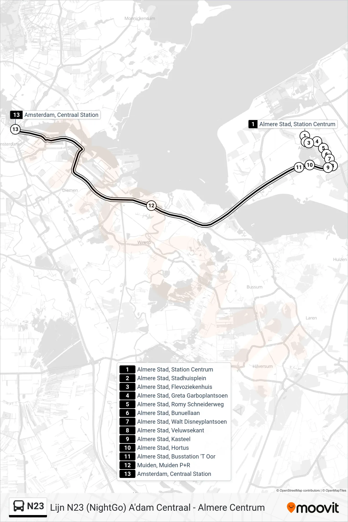 Lijn N23 (bus, Amsterdam Cs): route en haltes op de kaart