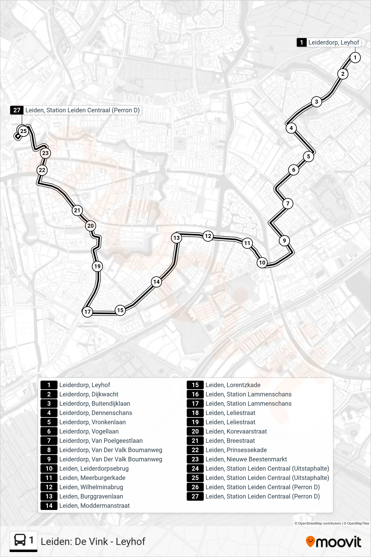 Lijn 1 (bus, Leiden Cs): route en haltes op de kaart
