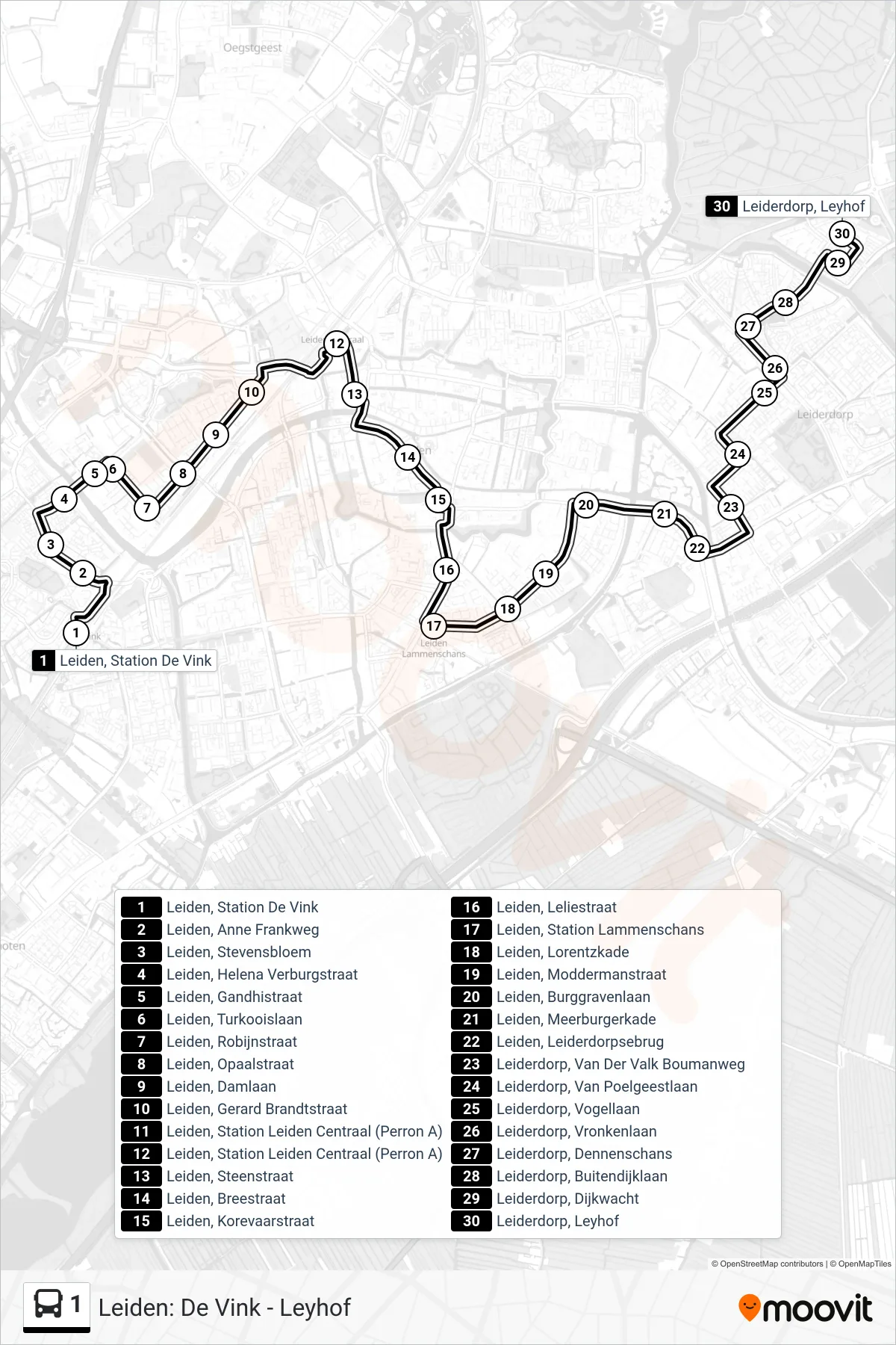 Lijn 1 (bus, Leiderdorp): route en haltes op de kaart
