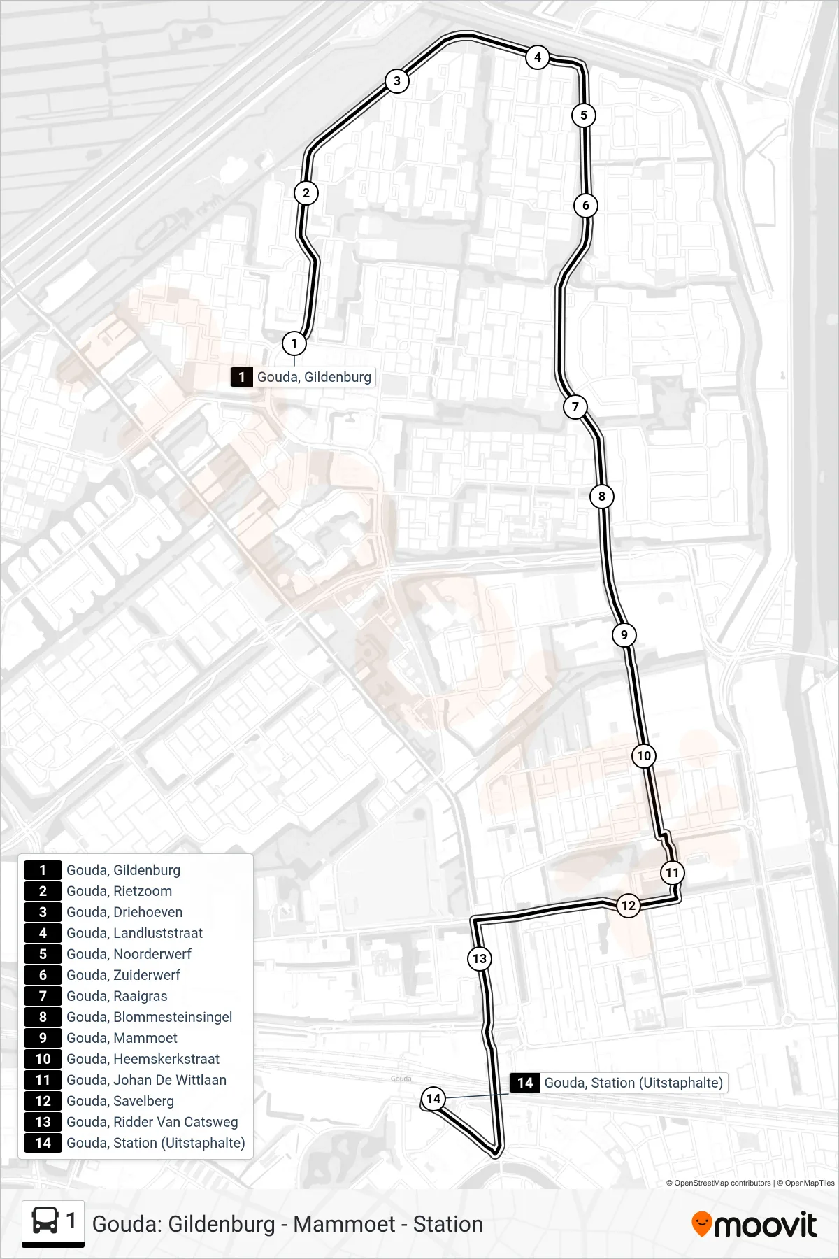 Lijn 1 (bus, Gouda Station): route en haltes op de kaart