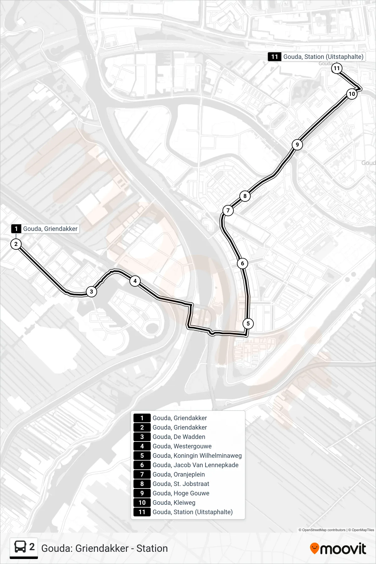 Lijn 2 (bus, Gouda Station): route en haltes op de kaart