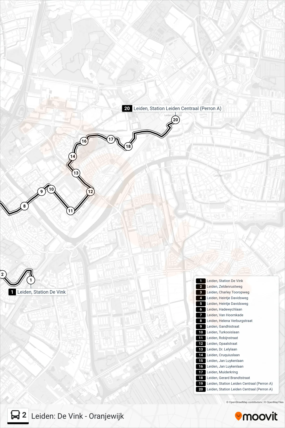 Lijn 2 (bus, Leiden Cs): route en haltes op de kaart