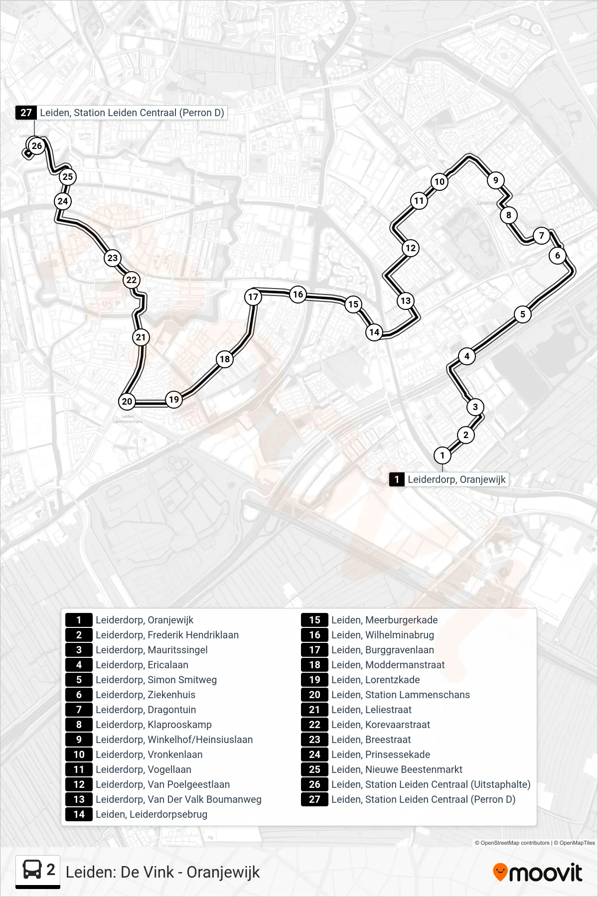 Lijn 2 (bus, Leiden Cs): route en haltes op de kaart